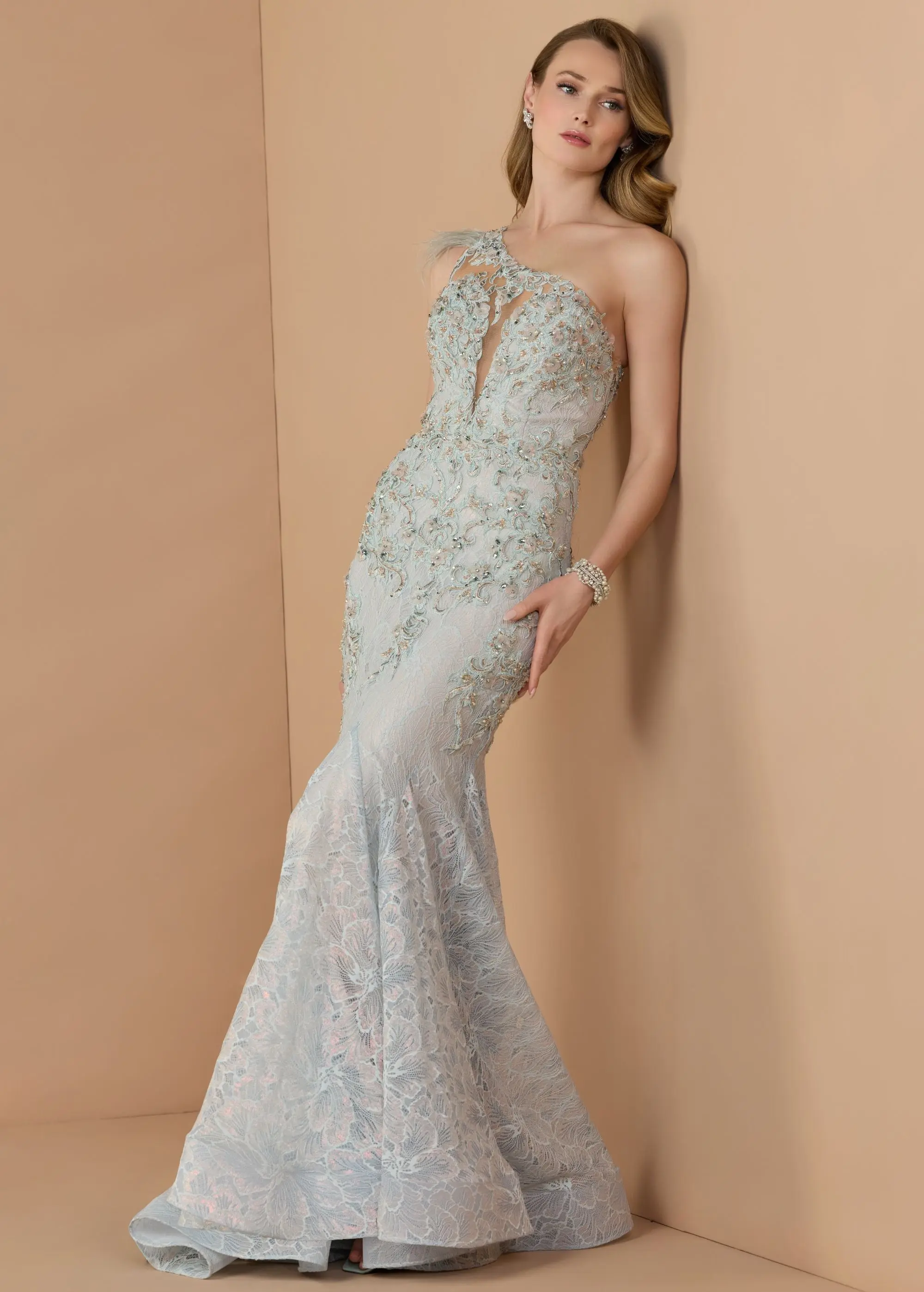 Blue Embellished Lace One Shoulder Gown With Feather Detail - Image 3