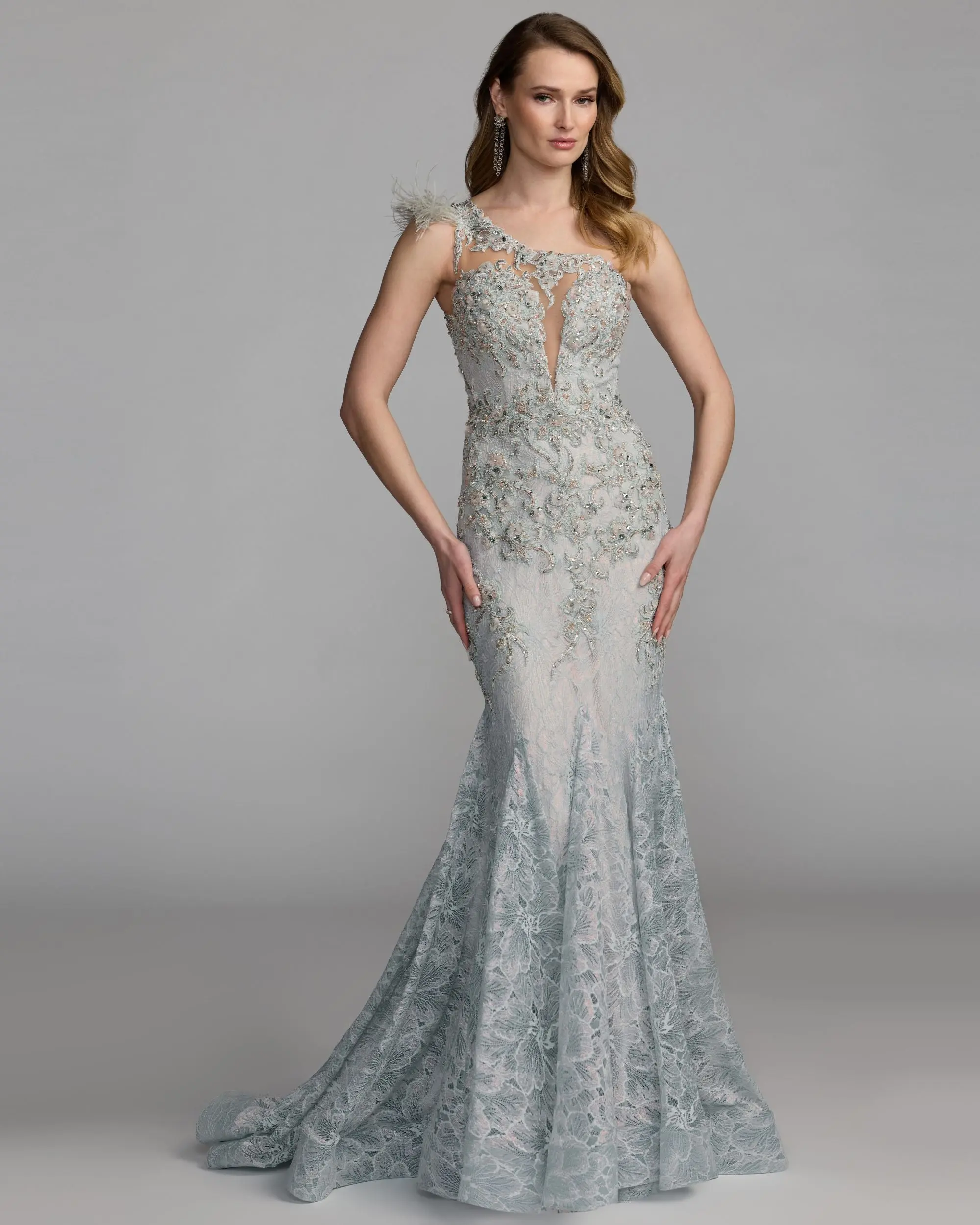 Blue Embellished Lace One Shoulder Gown With Feather Detail - Image 4
