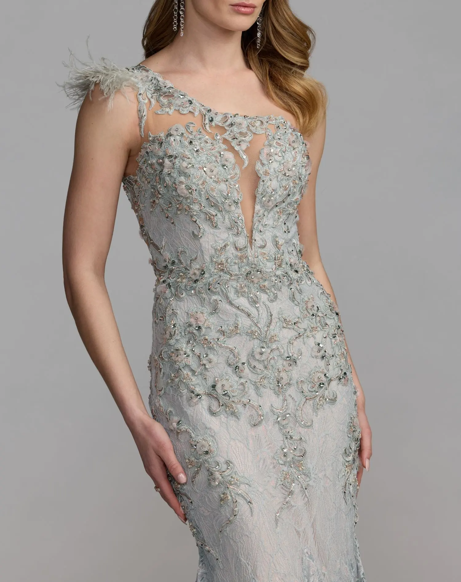 Blue Embellished Lace One Shoulder Gown With Feather Detail - Image 5
