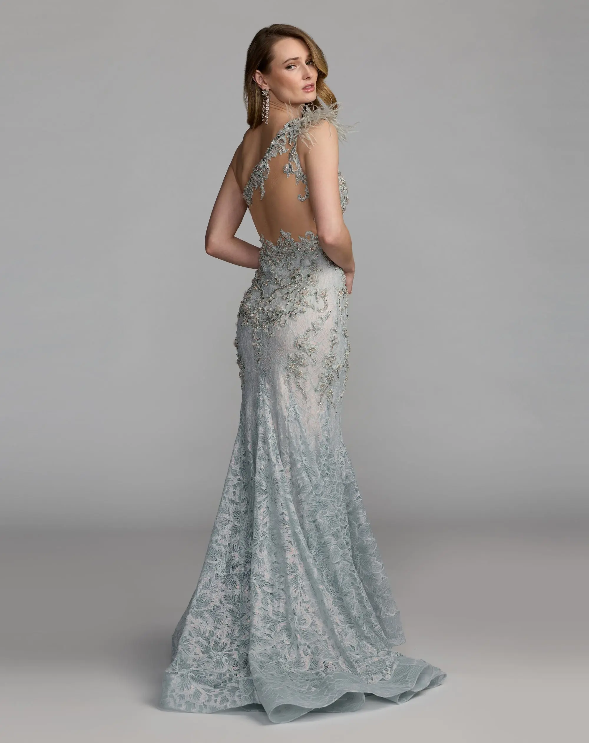Blue Embellished Lace One Shoulder Gown With Feather Detail - Image 6