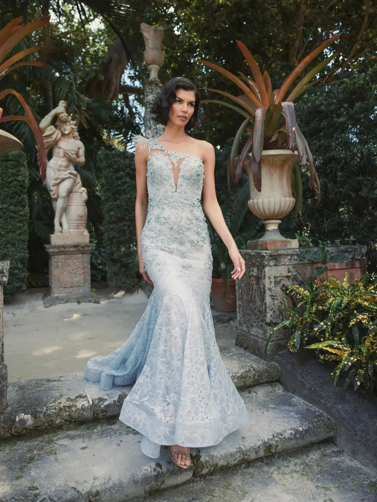 Blue Embellished Lace One Shoulder Gown With Feather Detail - Image 7