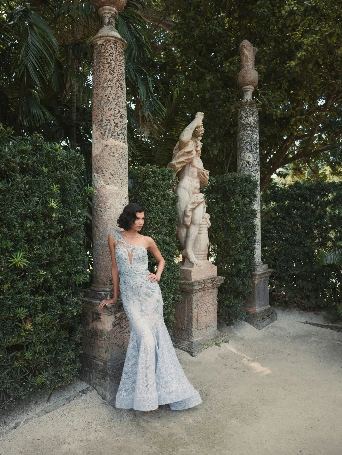 Blue Embellished Lace One Shoulder Gown With Feather Detail - Image 8