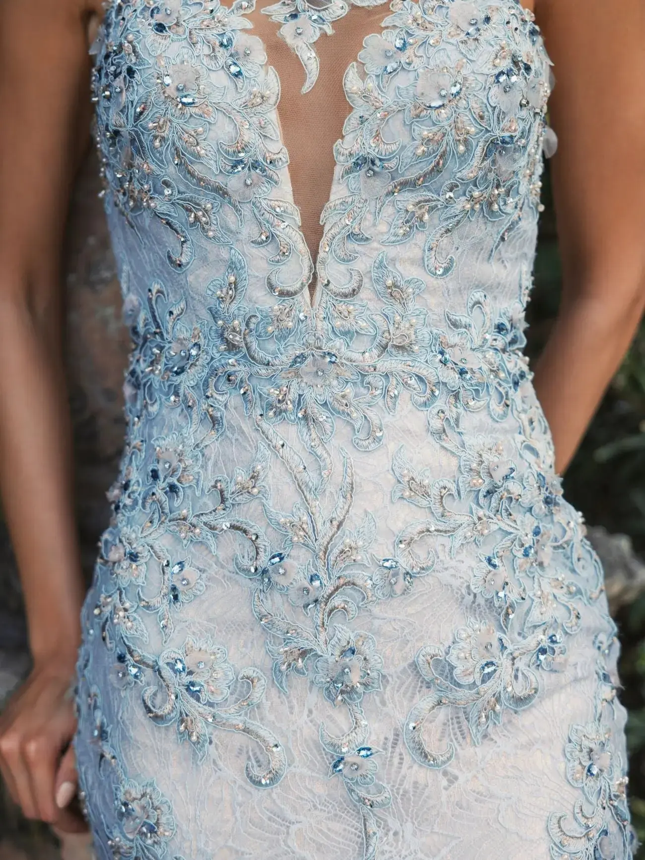 Blue Embellished Lace One Shoulder Gown With Feather Detail - Image 9