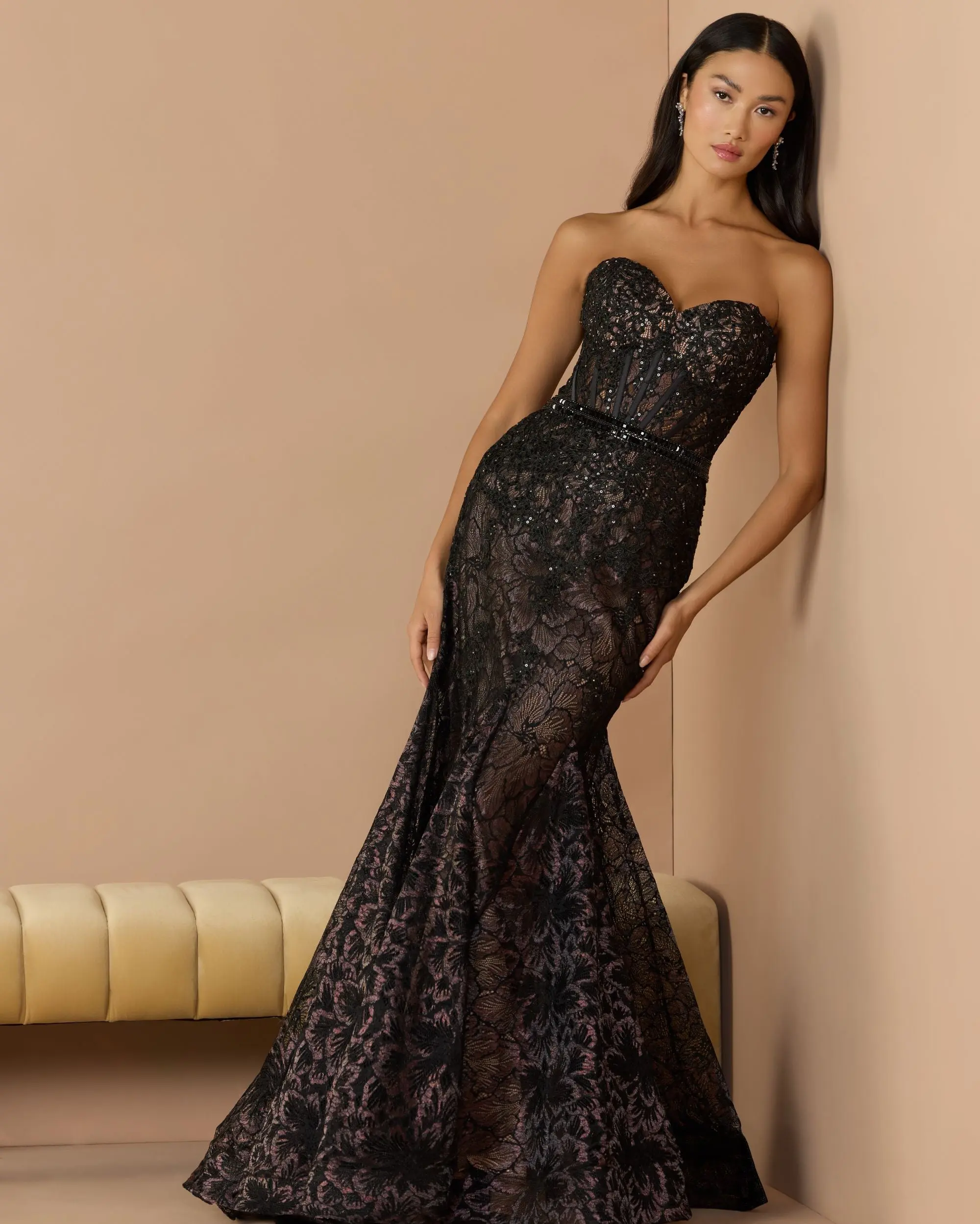 Black Embellished Lace Strapless Trumpet Gown - Image 2