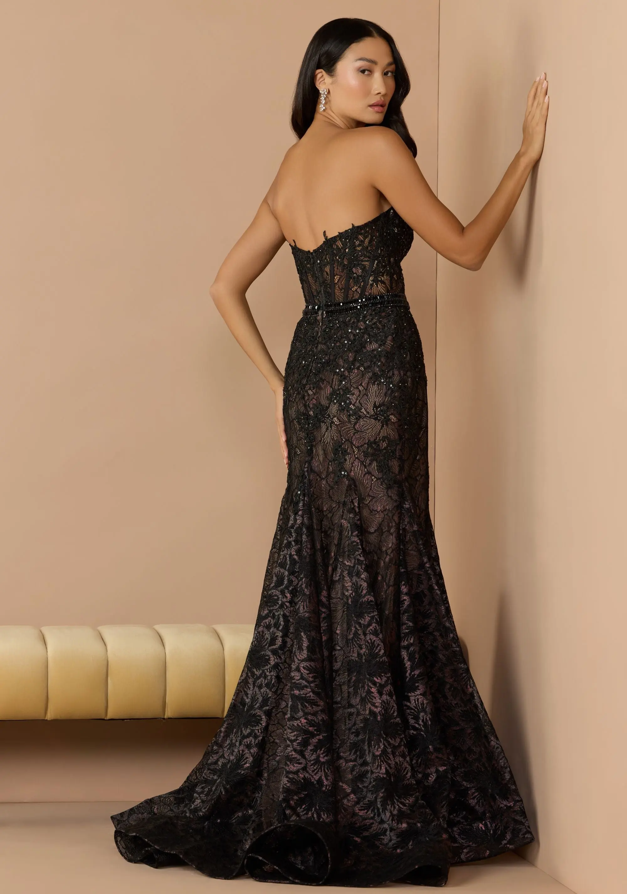 Black Embellished Lace Strapless Trumpet Gown - Image 3