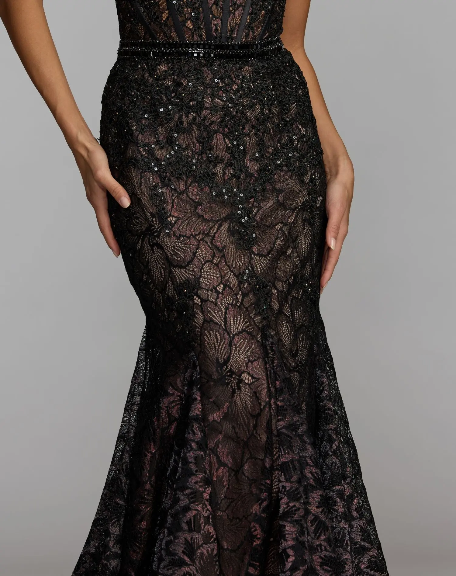 Black Embellished Lace Strapless Trumpet Gown - Image 6