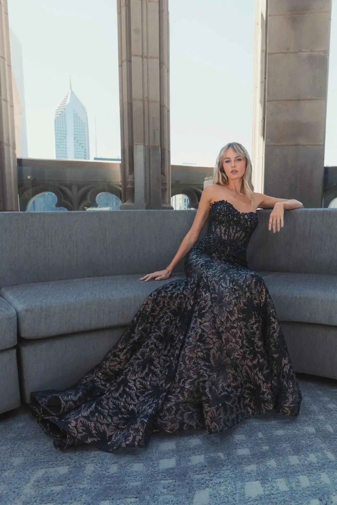 Black Embellished Lace Strapless Trumpet Gown - Image 8