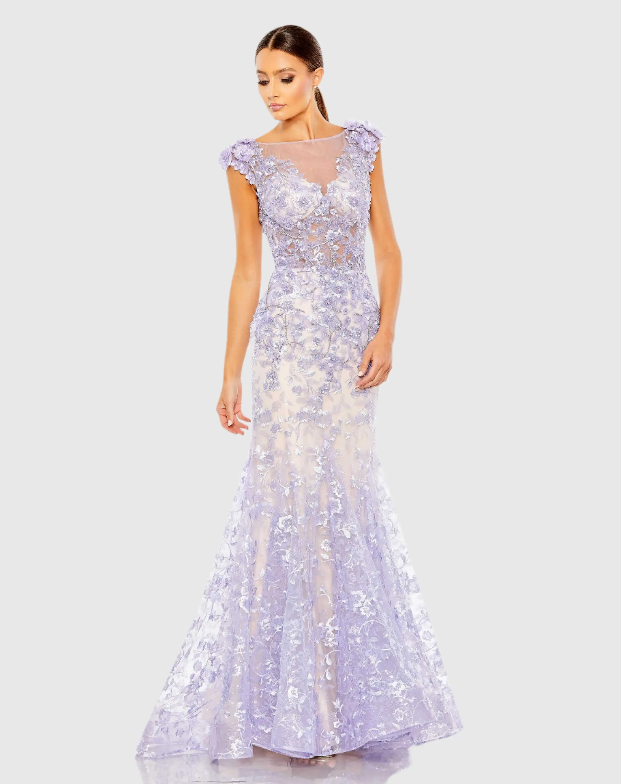 Purple Embellished Cap Sleeve Illusion Neck Trumpet Gown - FINAL SALE