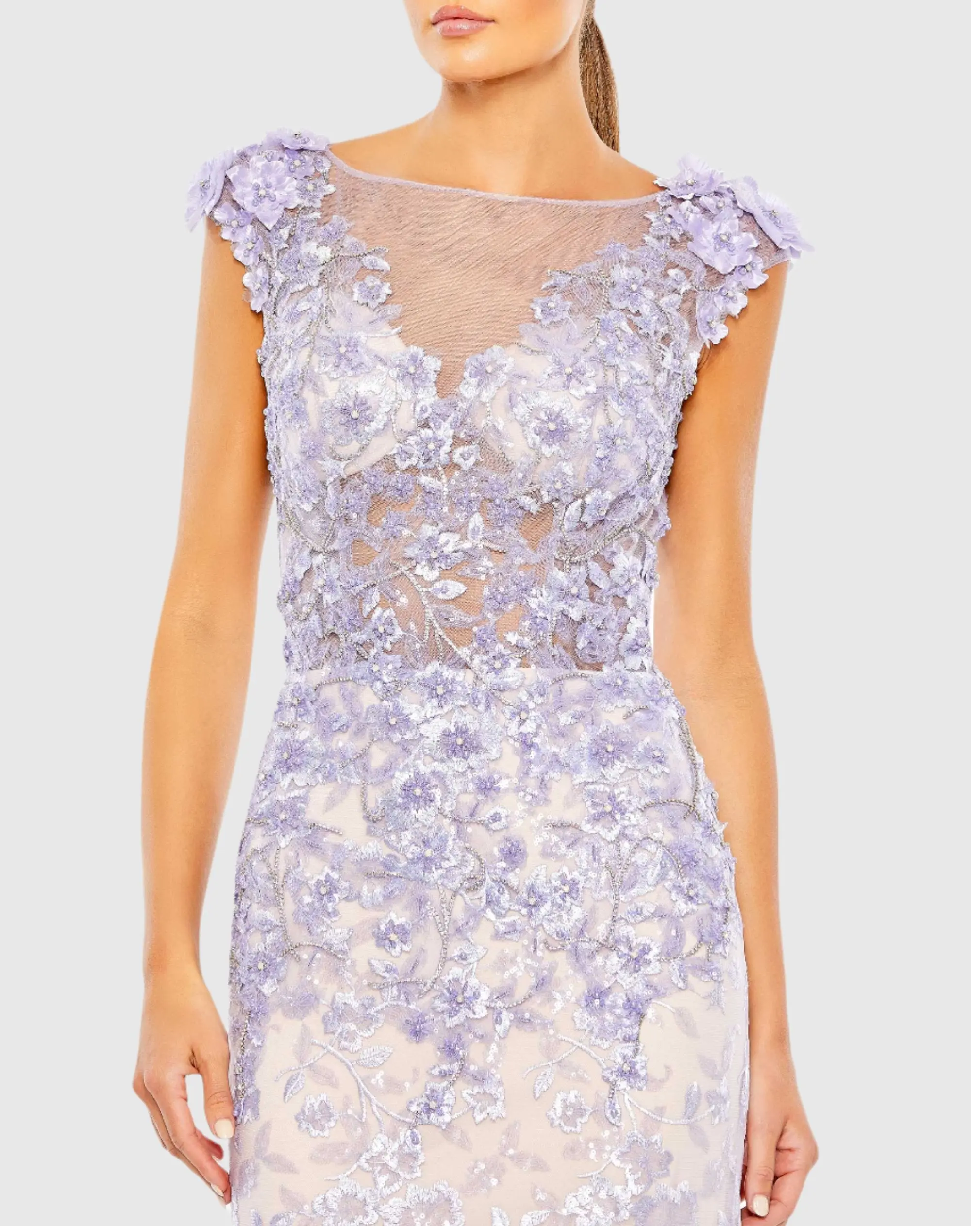 Purple Embellished Cap Sleeve Illusion Neck Trumpet Gown - FINAL SALE - Image 2
