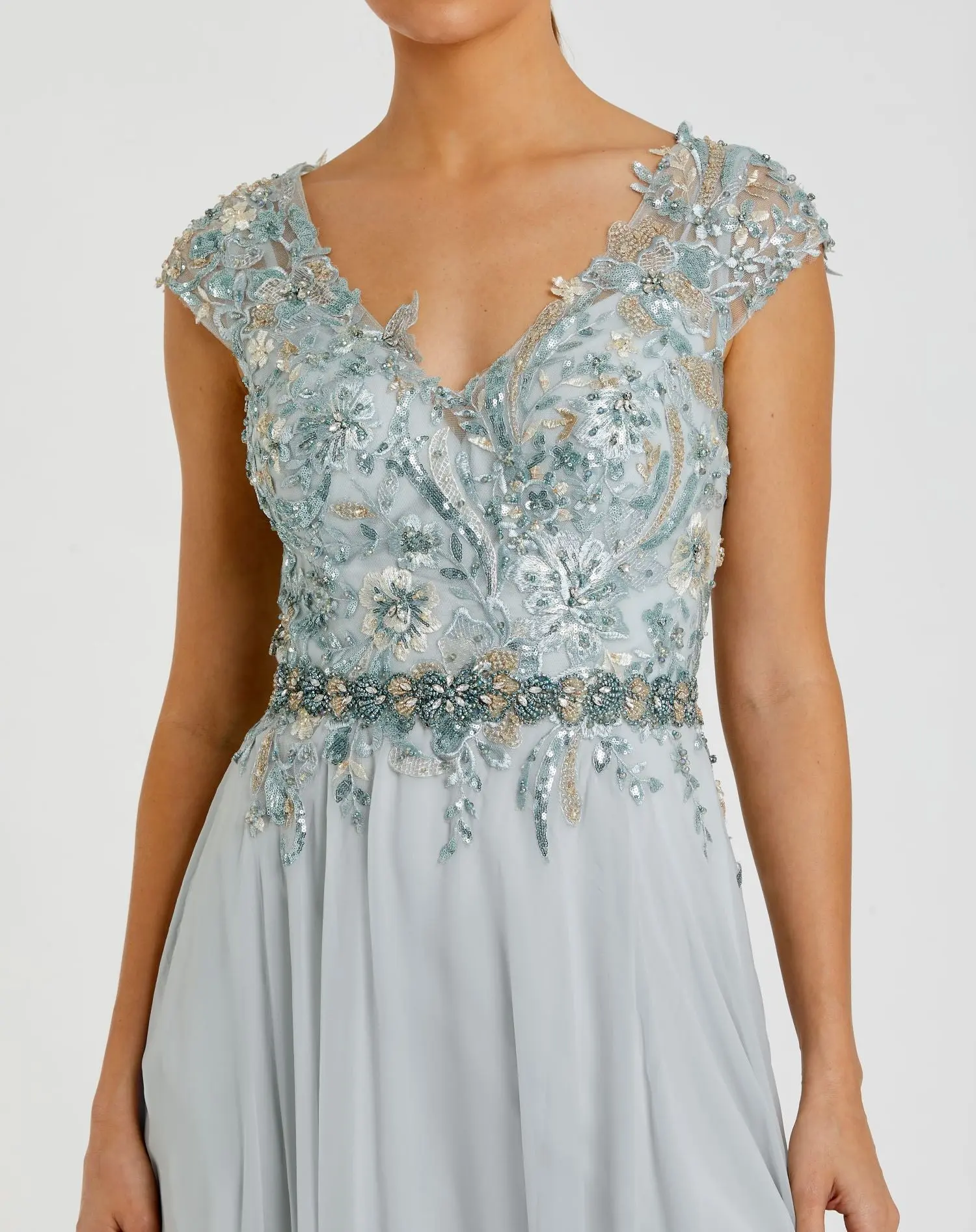 Blue Embellished Cap Sleeve Bodice Flowy Gown - Image 2