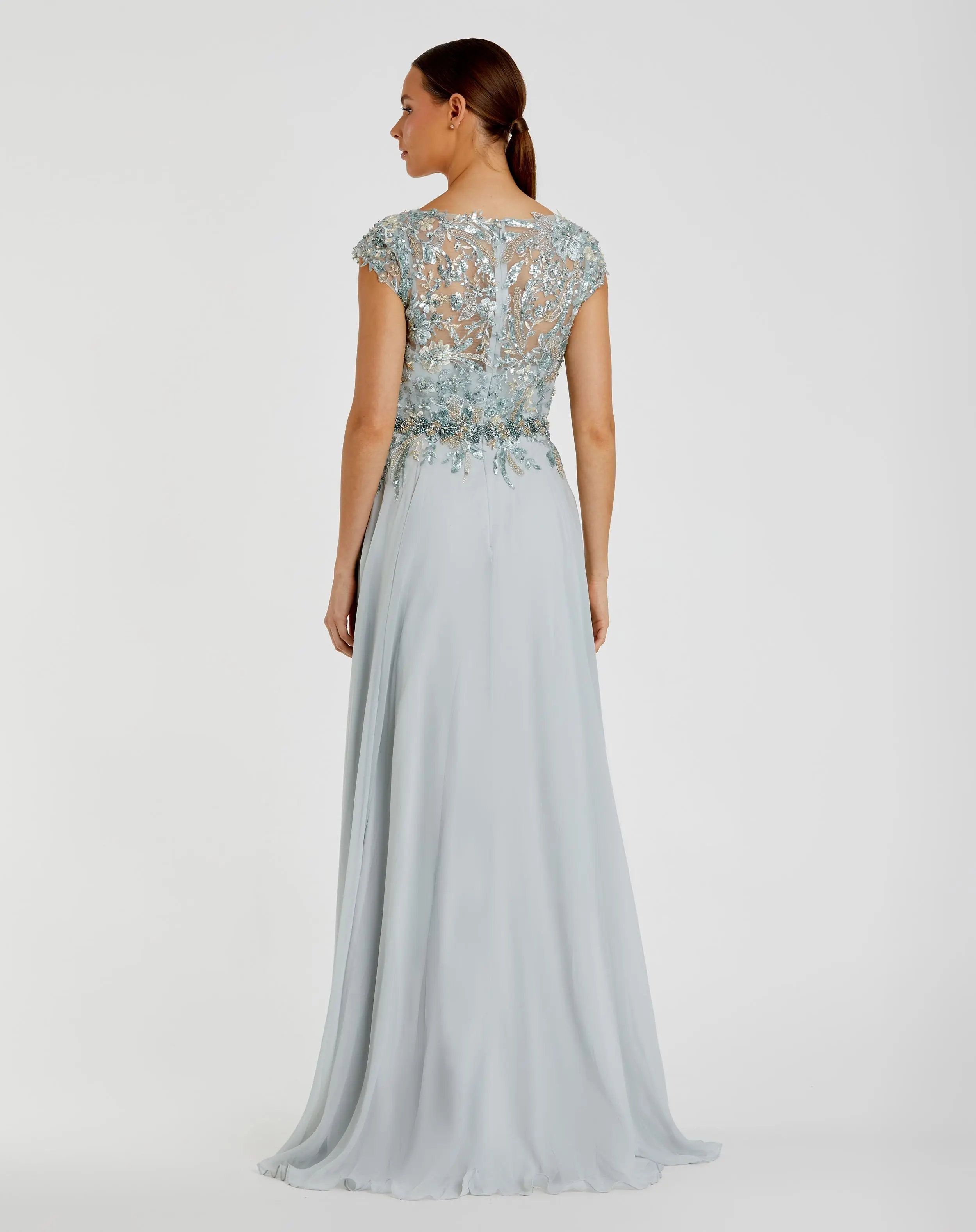 Blue Embellished Cap Sleeve Bodice Flowy Gown - Image 3