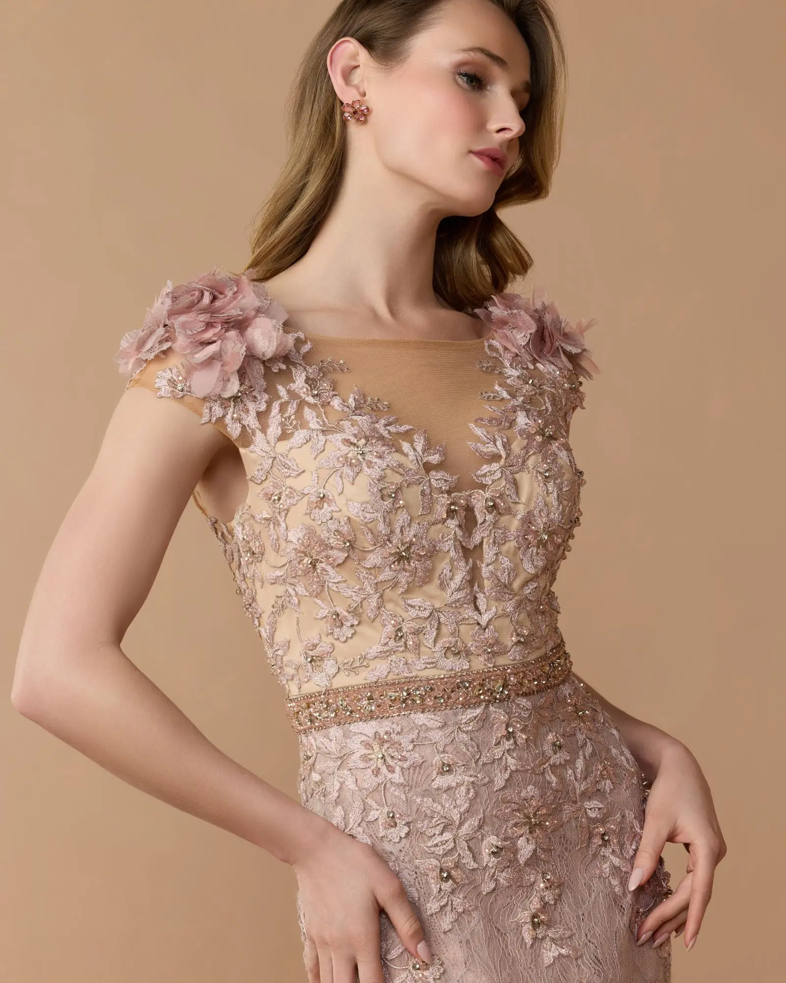 Pink Embellished Lace Illusion Neck Gown With 3D Flowers - Image 2