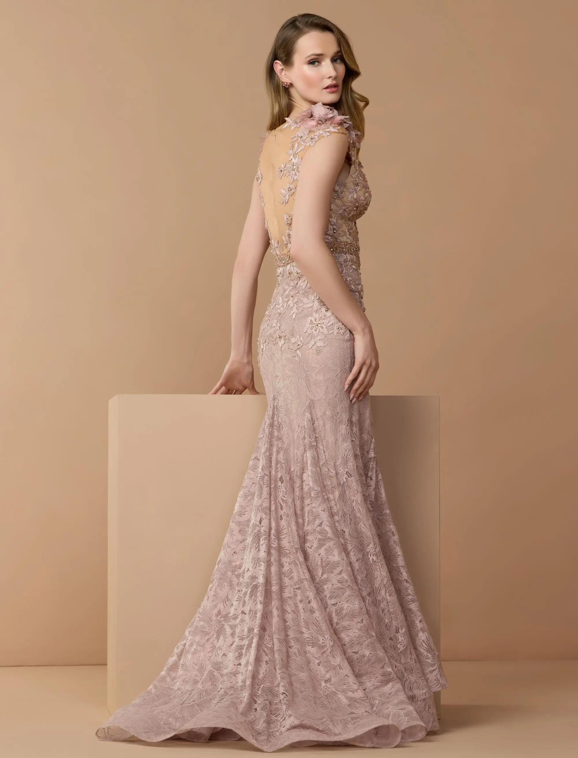 Pink Embellished Lace Illusion Neck Gown With 3D Flowers - Image 3