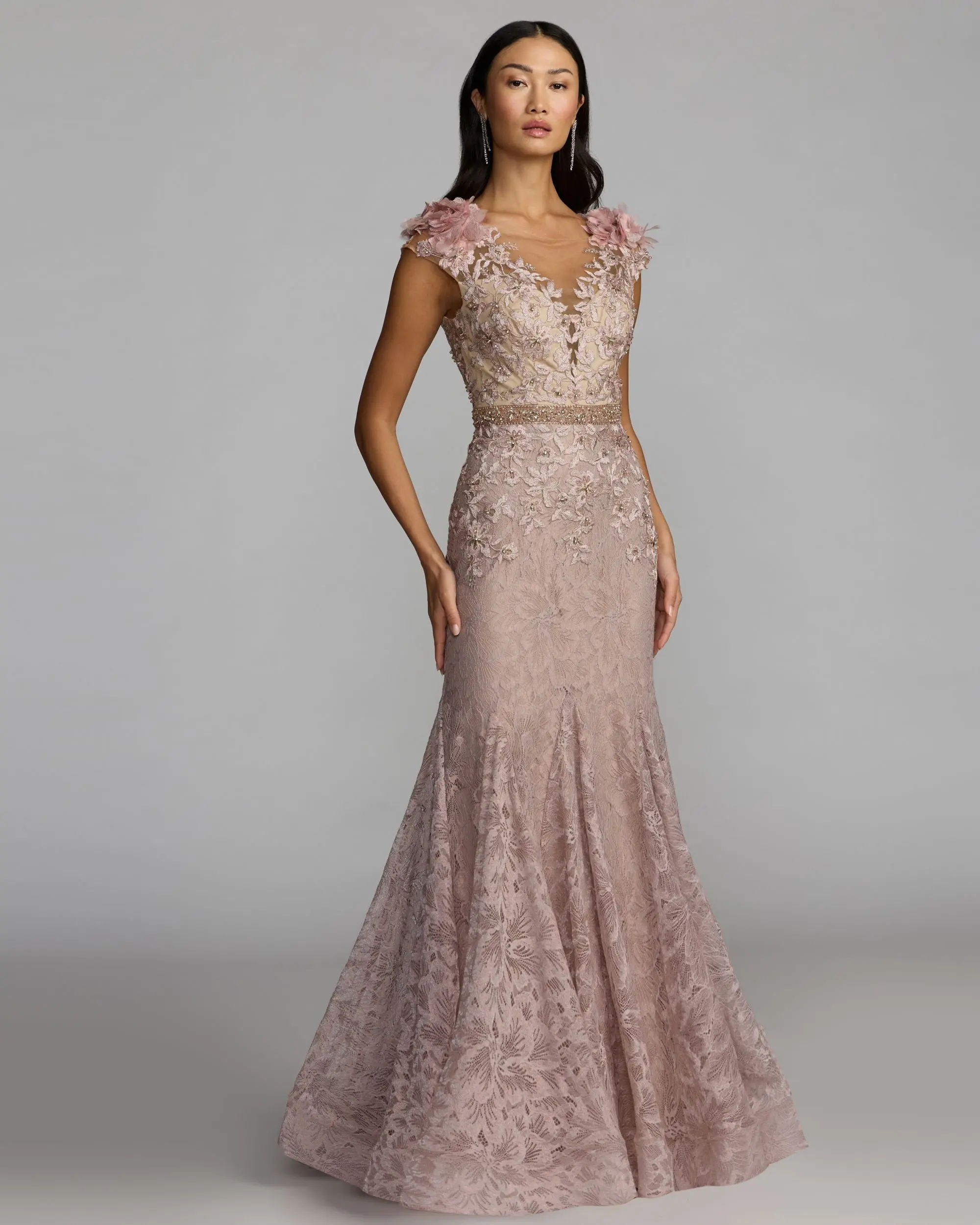 Pink Embellished Lace Illusion Neck Gown With 3D Flowers - Image 4