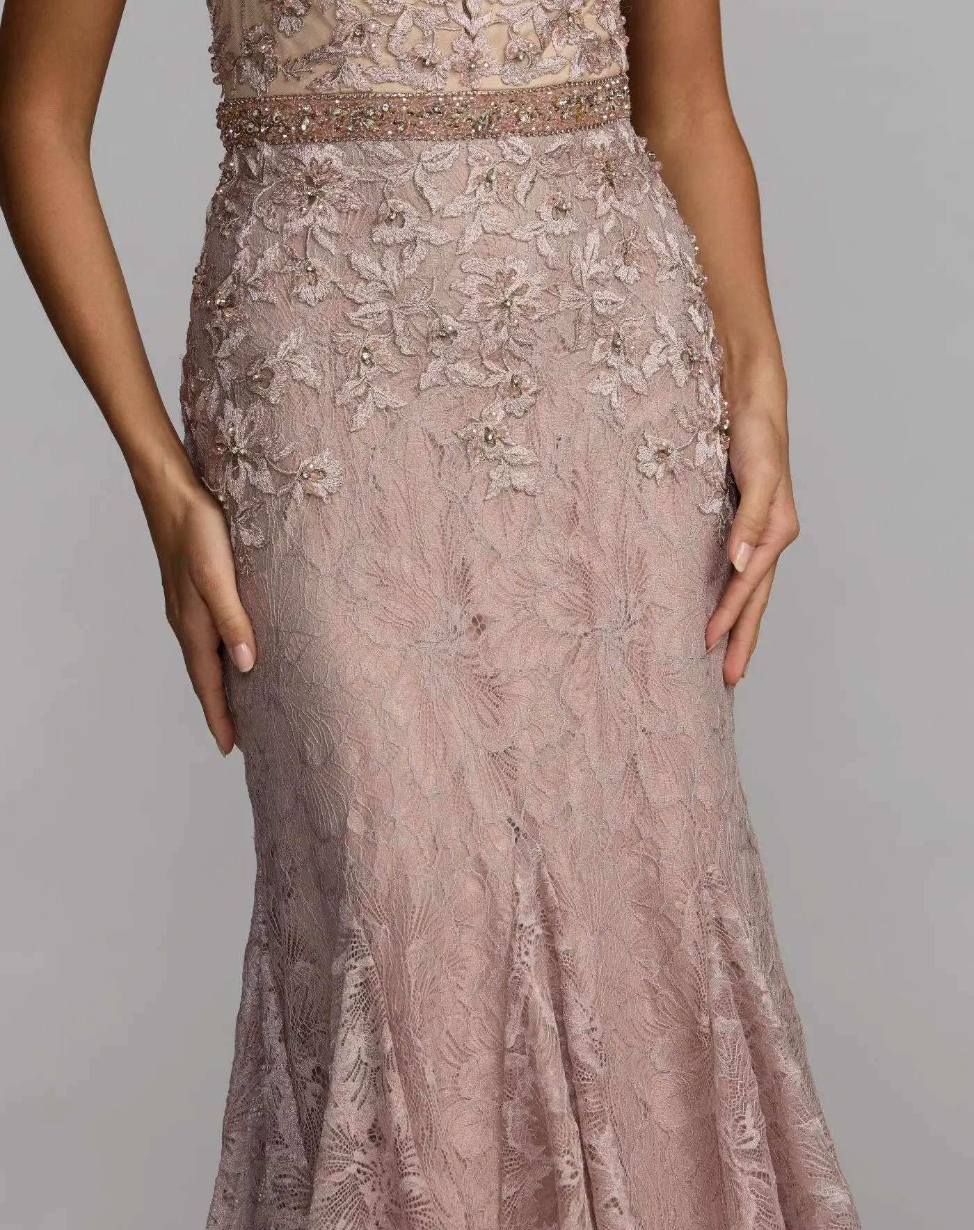 Pink Embellished Lace Illusion Neck Gown With 3D Flowers - Image 7