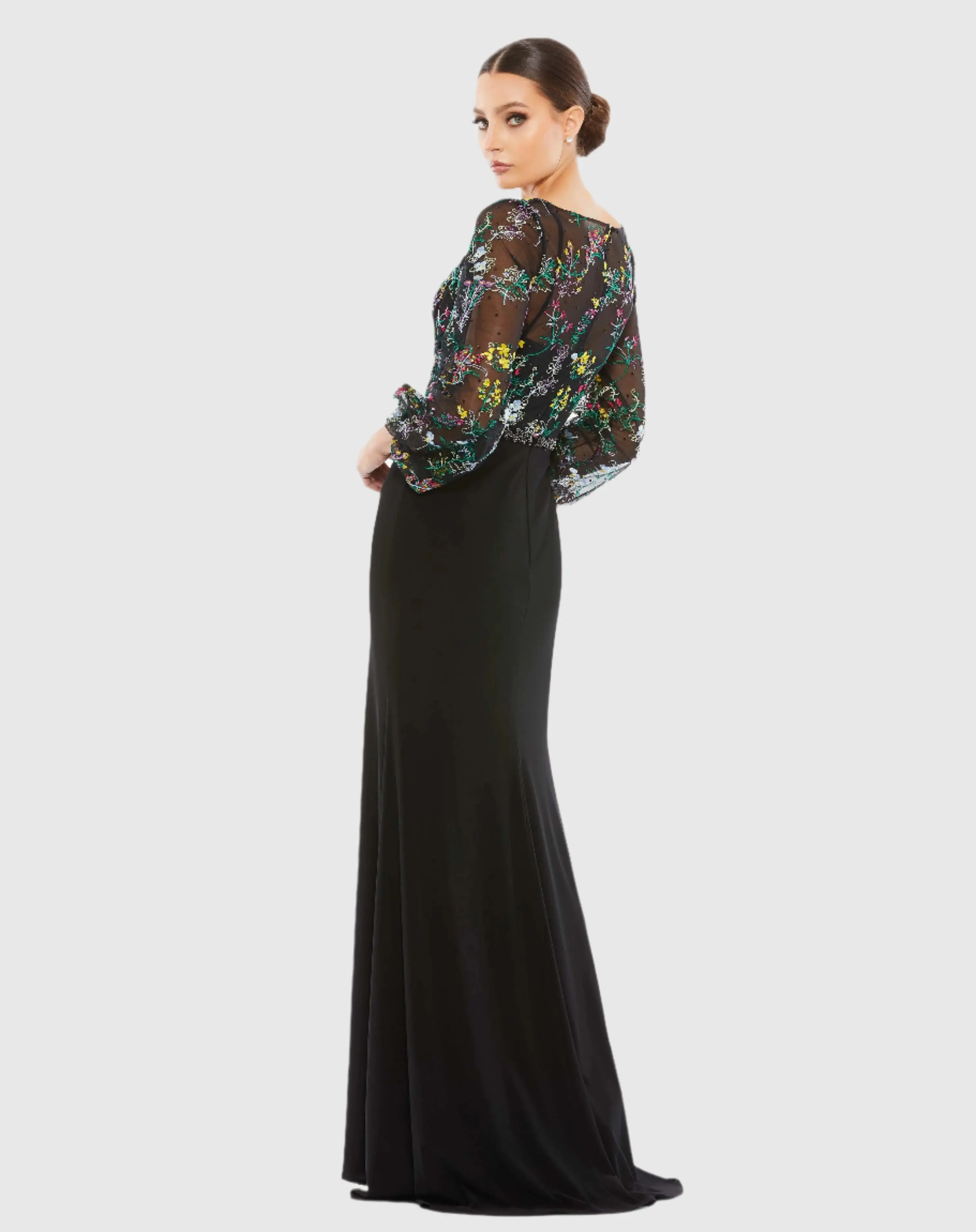 Black Embroidered Illusion Puff Sleeve Gown - Image 3