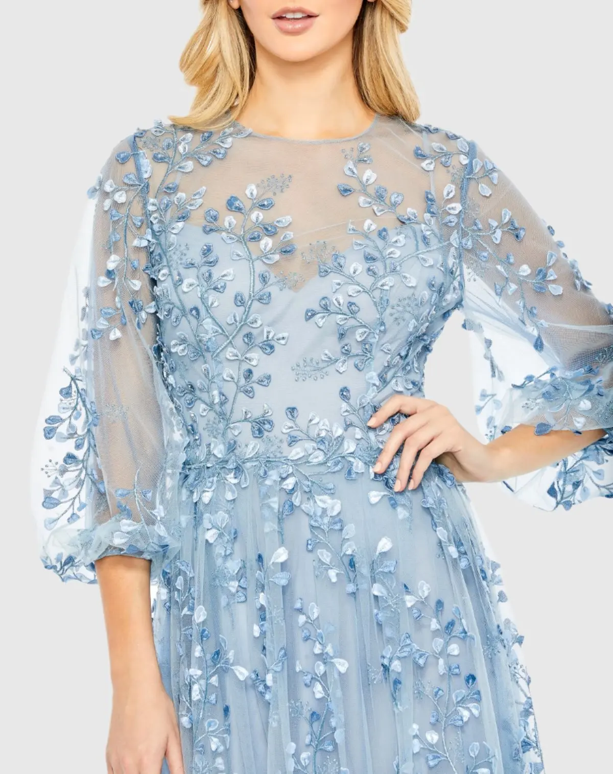 Blue Embroidered Puff Sleeve A-Line Gown - Image 2