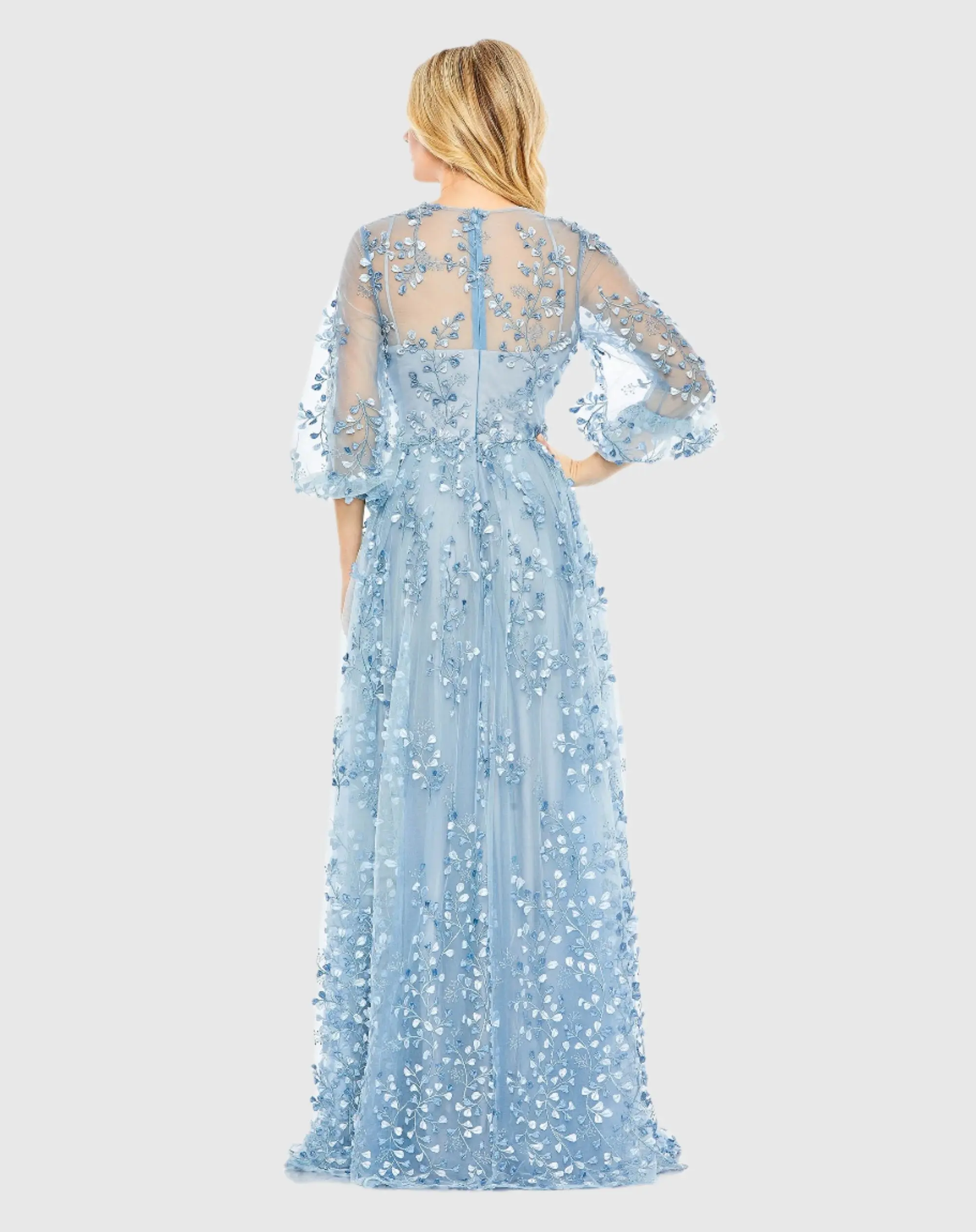 Blue Embroidered Puff Sleeve A-Line Gown - Image 3