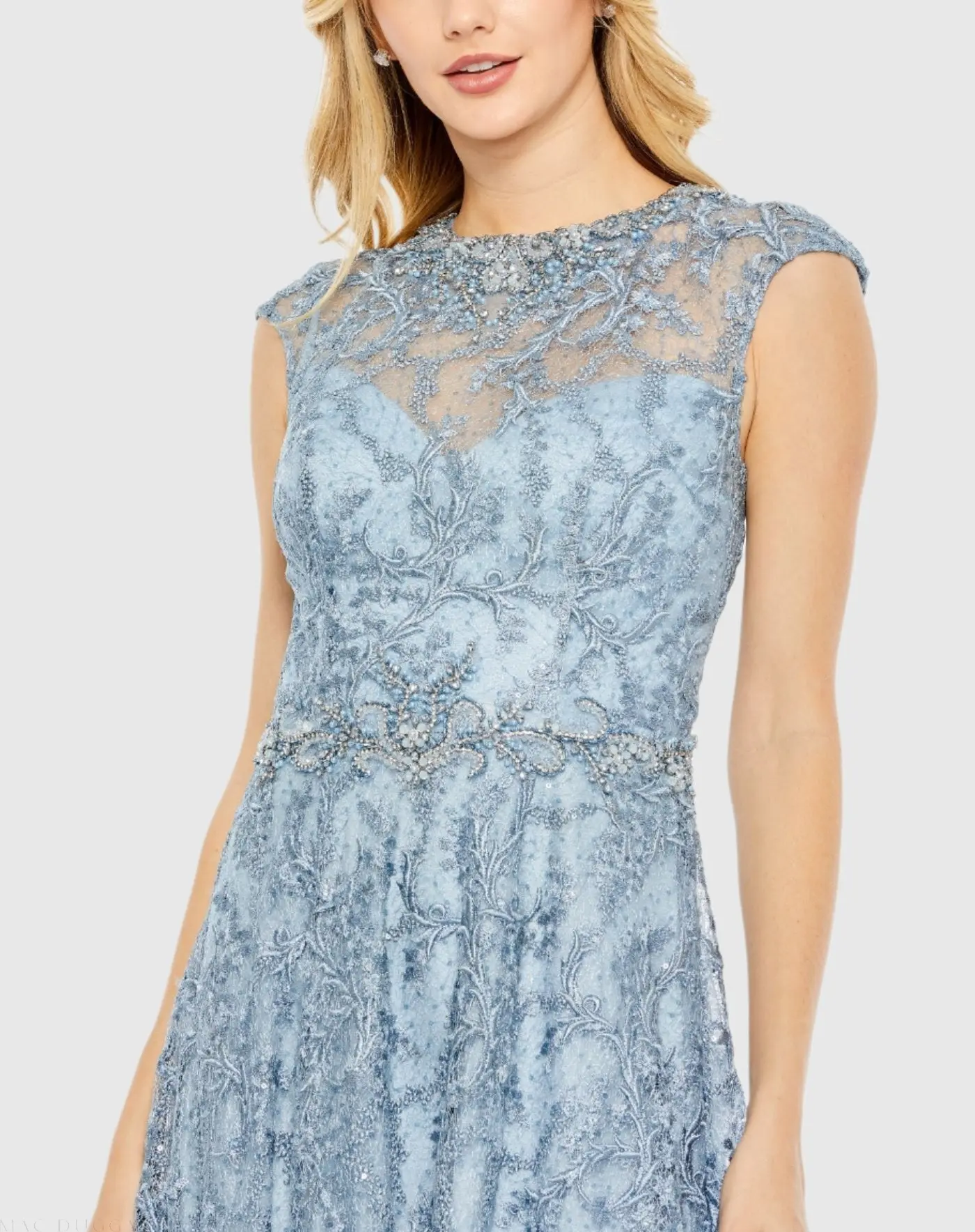 Blue Embroidered Cap Sleeve A Line Gown - Image 2