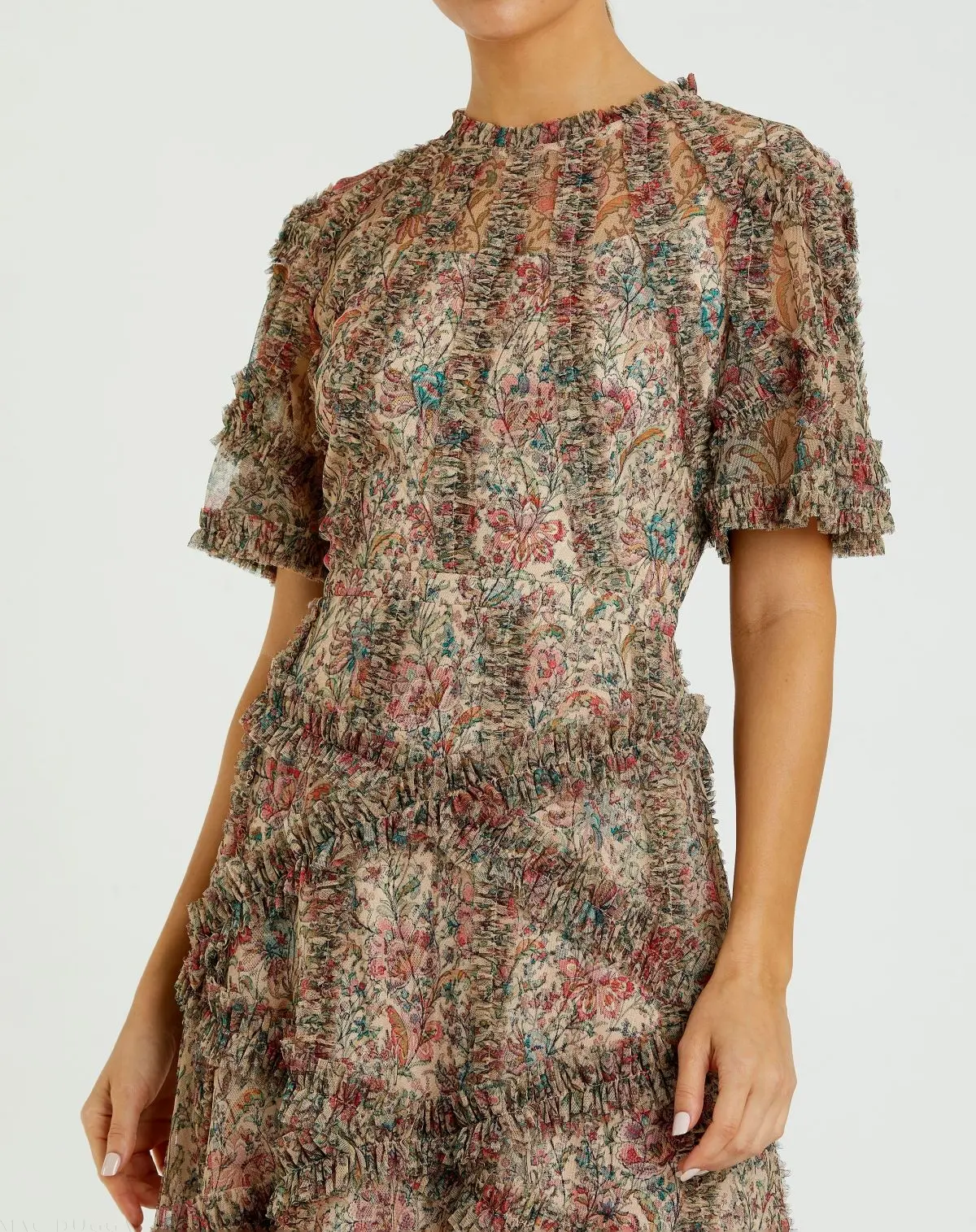 Beige Floral Midi Dress with Ruffle Detailing - Image 2