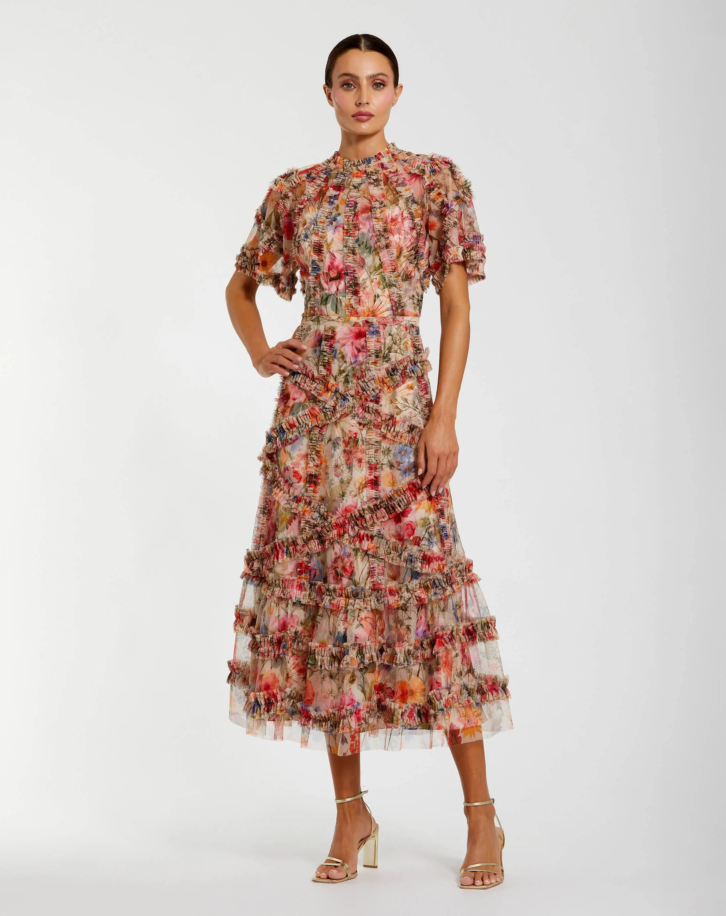 Illusion Floral Midi Dress with Ruffle Detailing - Image 3