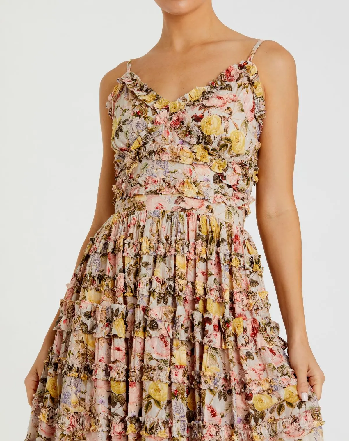 Beige Floral Printed Micro Ruffle Cotton Midi Dress - Image 2
