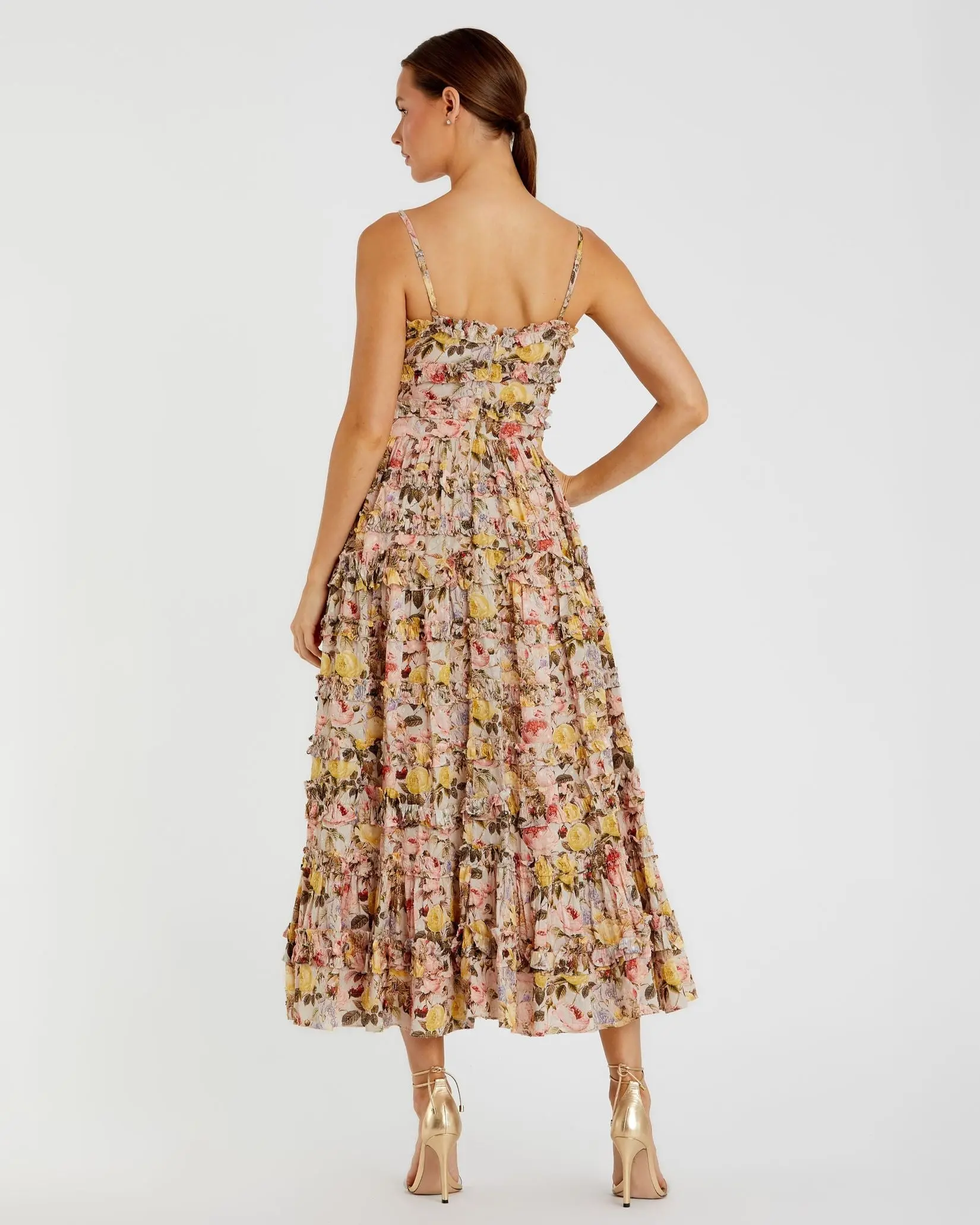 Beige Floral Printed Micro Ruffle Cotton Midi Dress - Image 3