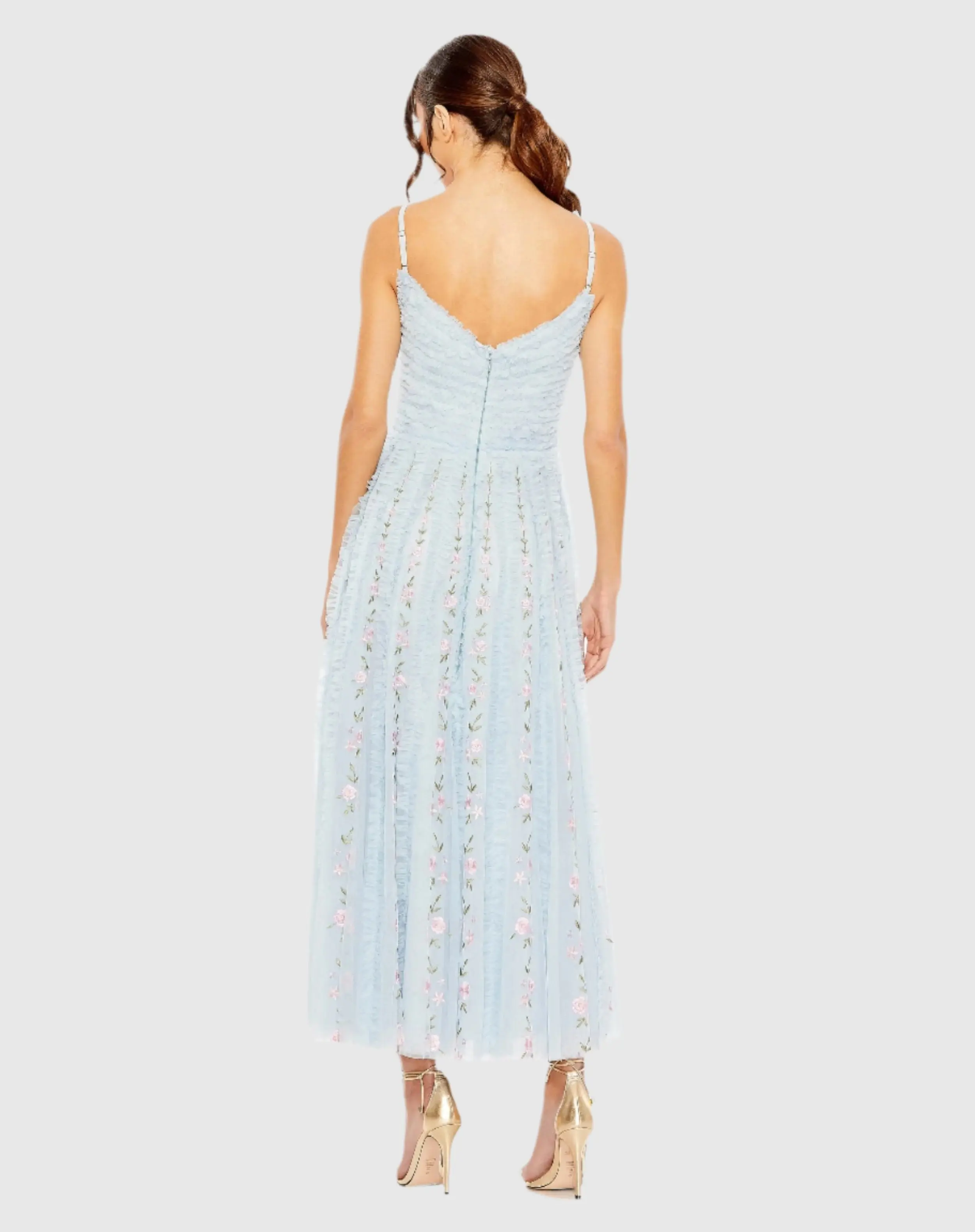 Blue Ruffle Floral Embroidered Detail Midi Dress - Image 3