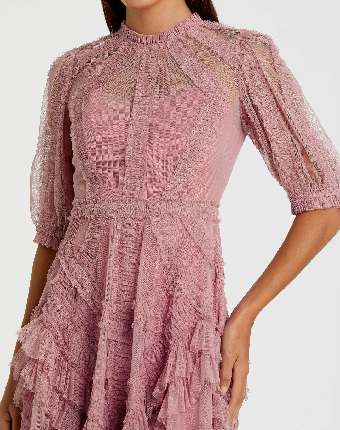 Pink High Neck Ruffle Tiered A-Line Midi Dress - Image 2