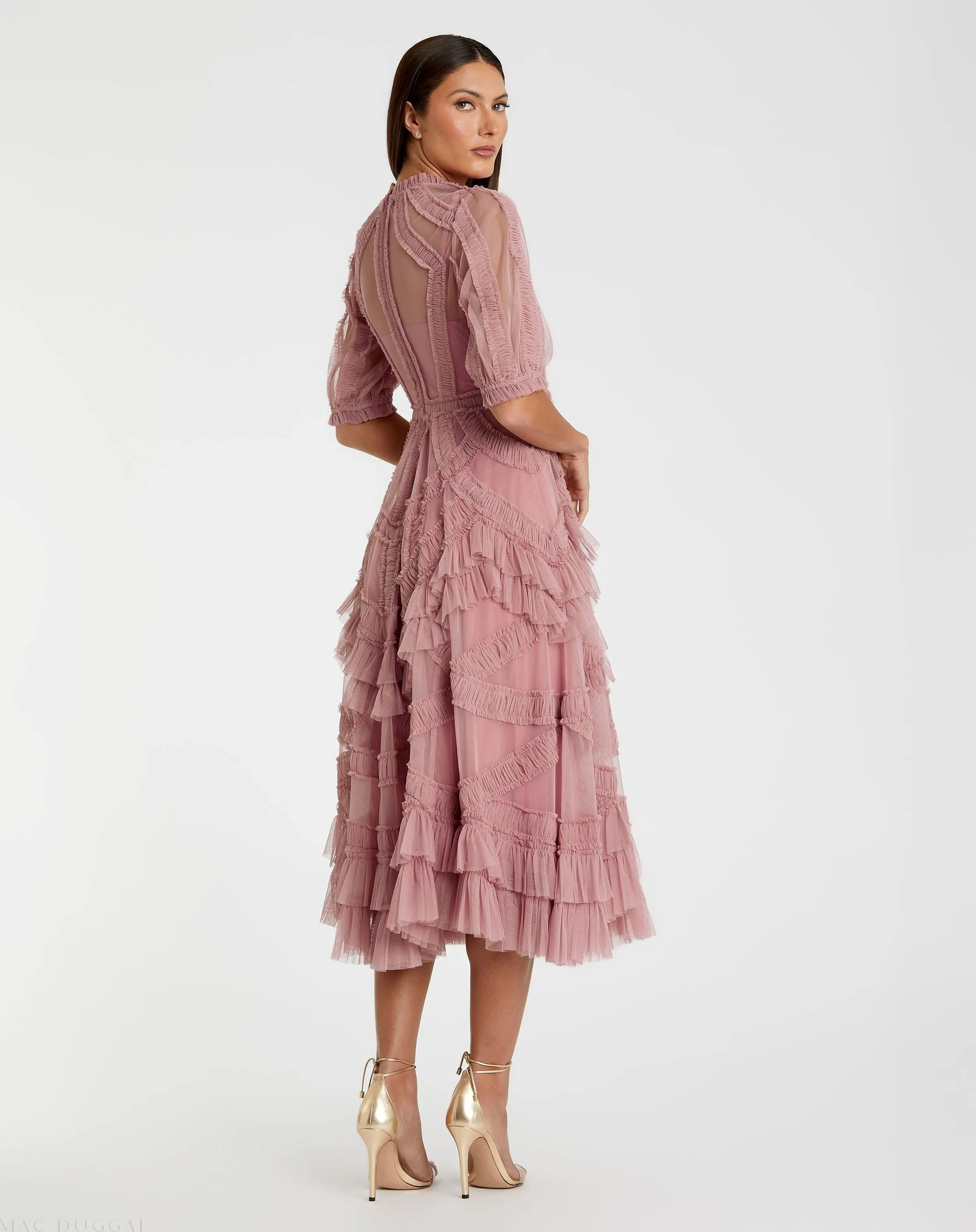 Pink High Neck Ruffle Tiered A-Line Midi Dress - Image 3
