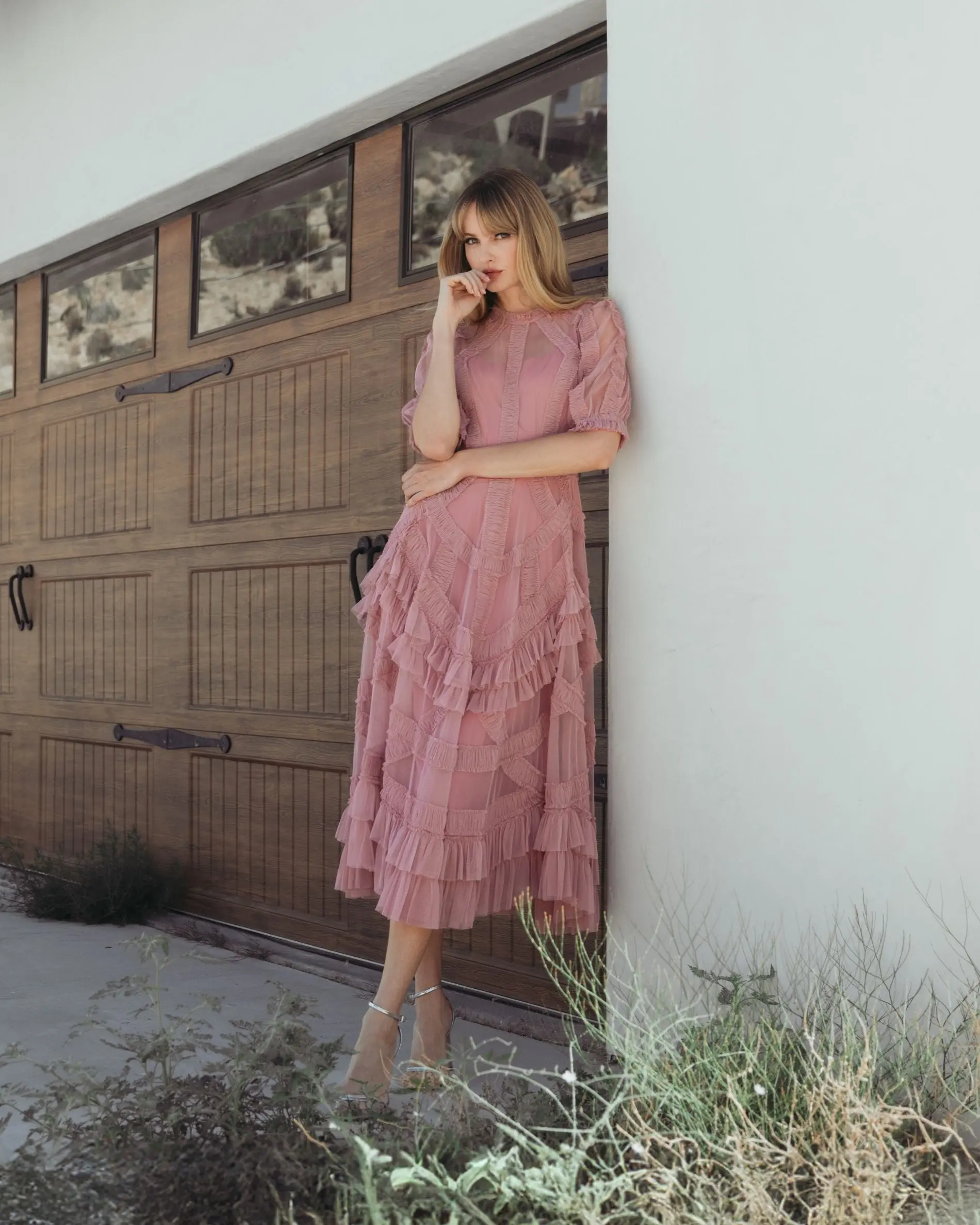 Pink High Neck Ruffle Tiered A-Line Midi Dress - Image 4