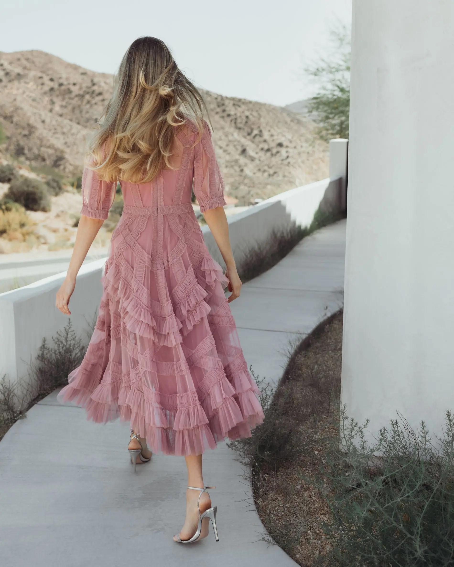 Pink High Neck Ruffle Tiered A-Line Midi Dress - Image 6