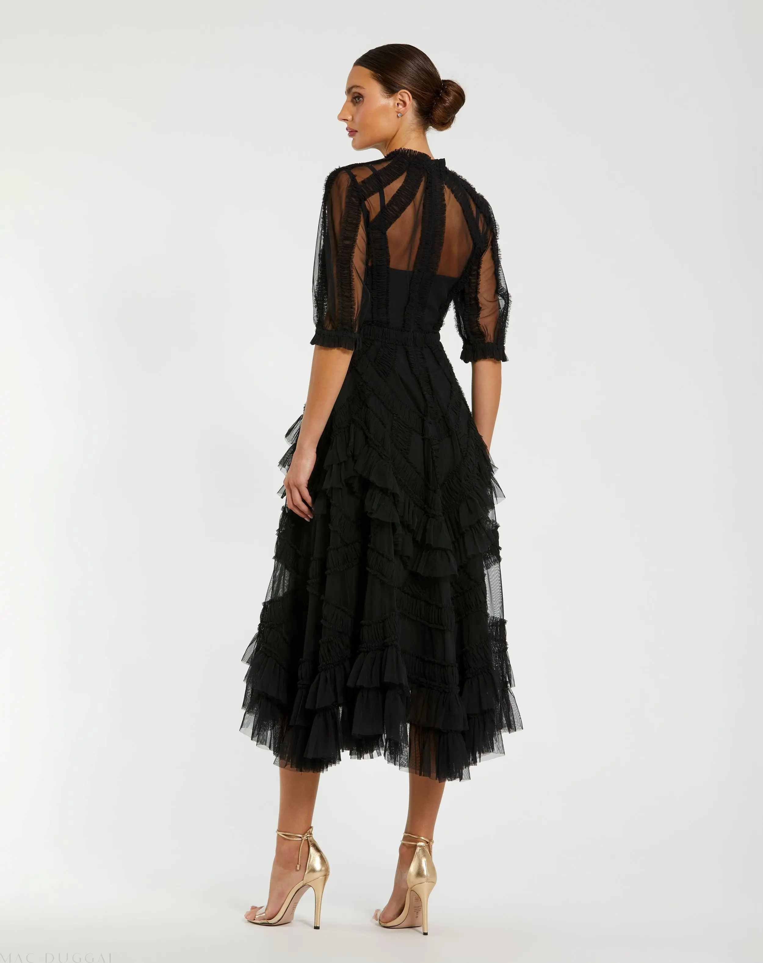 Black High Neck Ruffle Tiered A-Line Midi Dress - Image 3