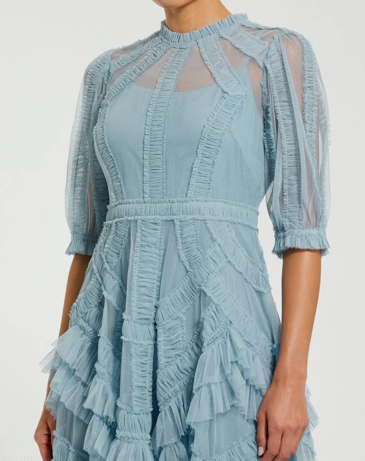 Blue High Neck Ruffle Tiered A-Line Midi Dress - Image 2