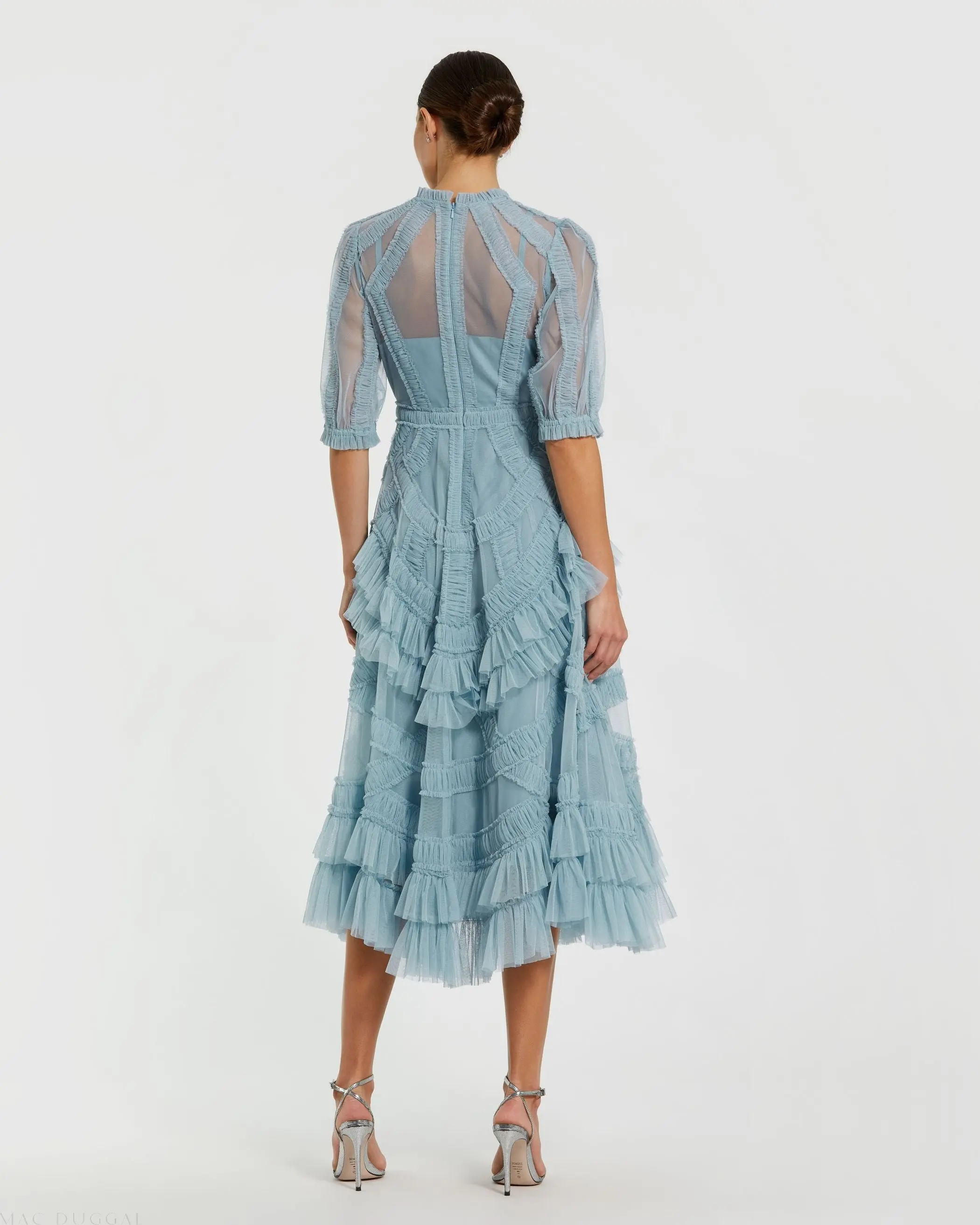 Blue High Neck Ruffle Tiered A-Line Midi Dress - Image 3
