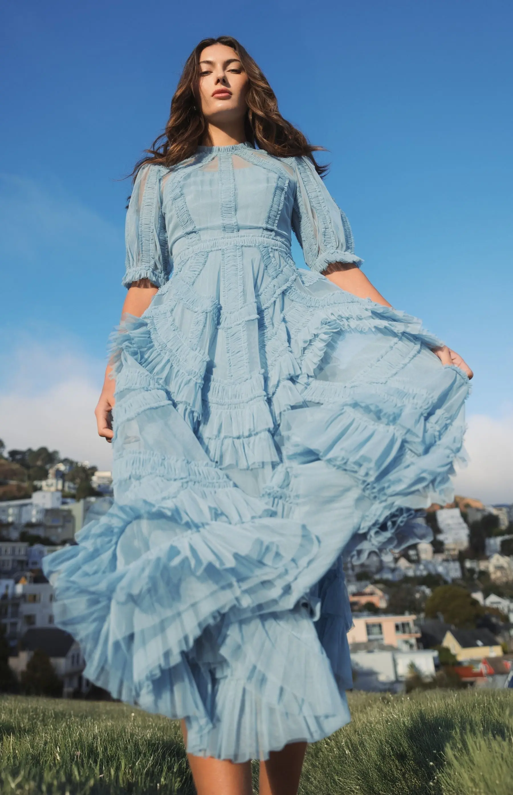 Blue High Neck Ruffle Tiered A-Line Midi Dress - Image 6