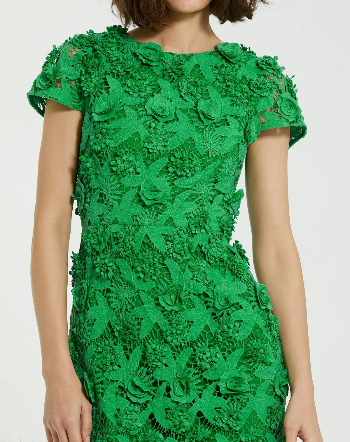 Green Floral Lace Fitted Short Sleeve Midi Dress - Image 3