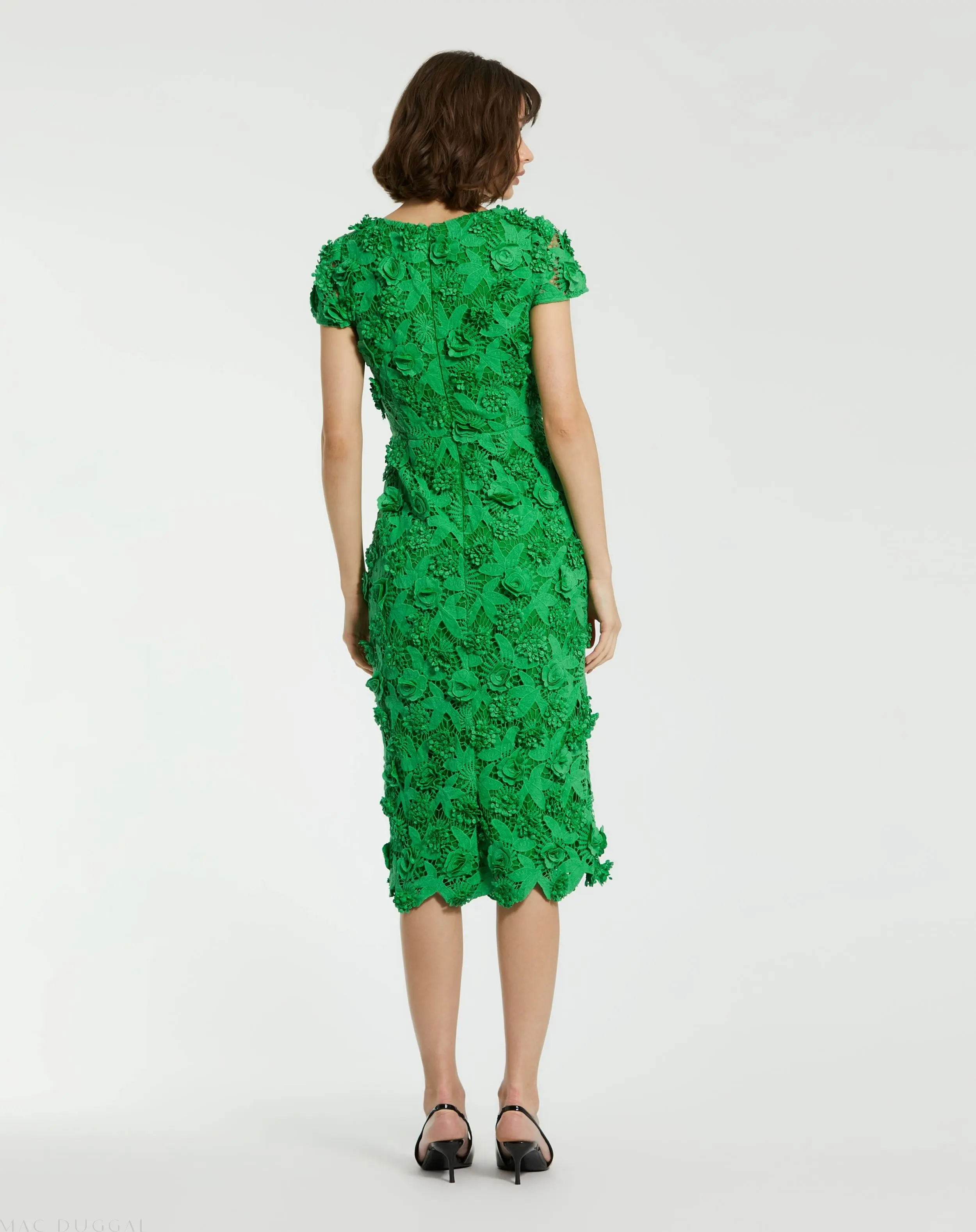 Green Floral Lace Fitted Short Sleeve Midi Dress - Image 4
