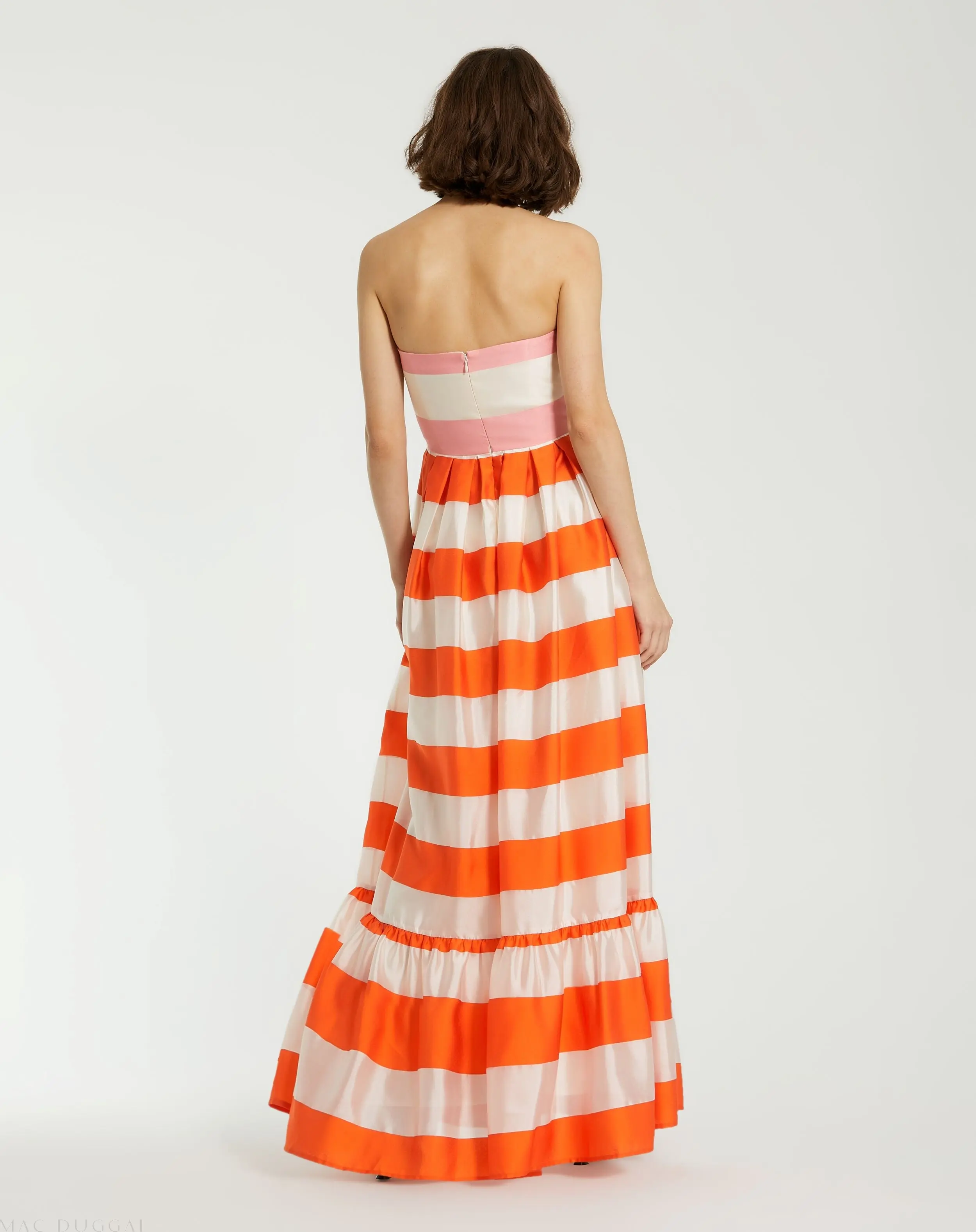 Multicolor Striped Organza Strapless Ruffle Maxi Dress - Image 4