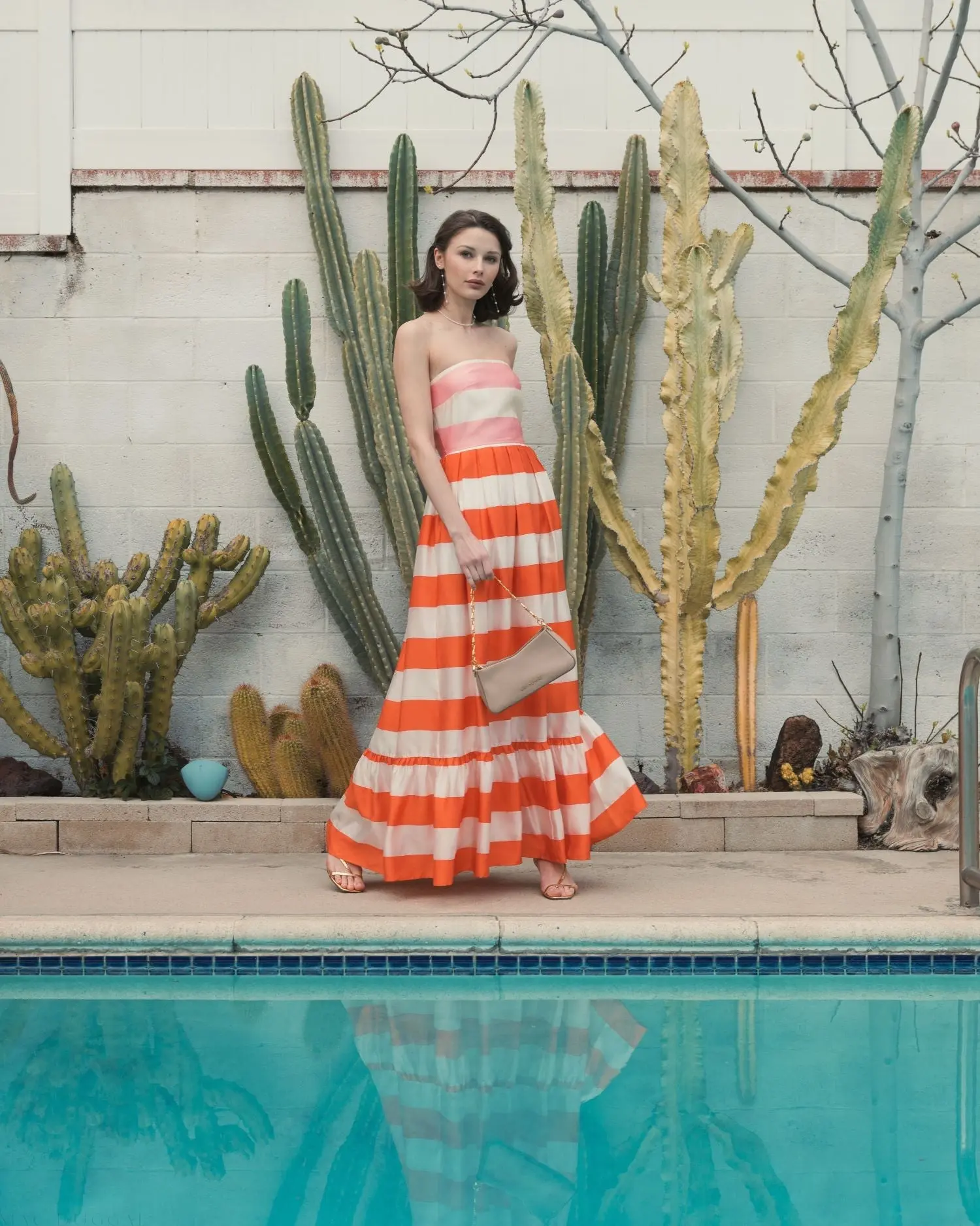 Multicolor Striped Organza Strapless Ruffle Maxi Dress - Image 5