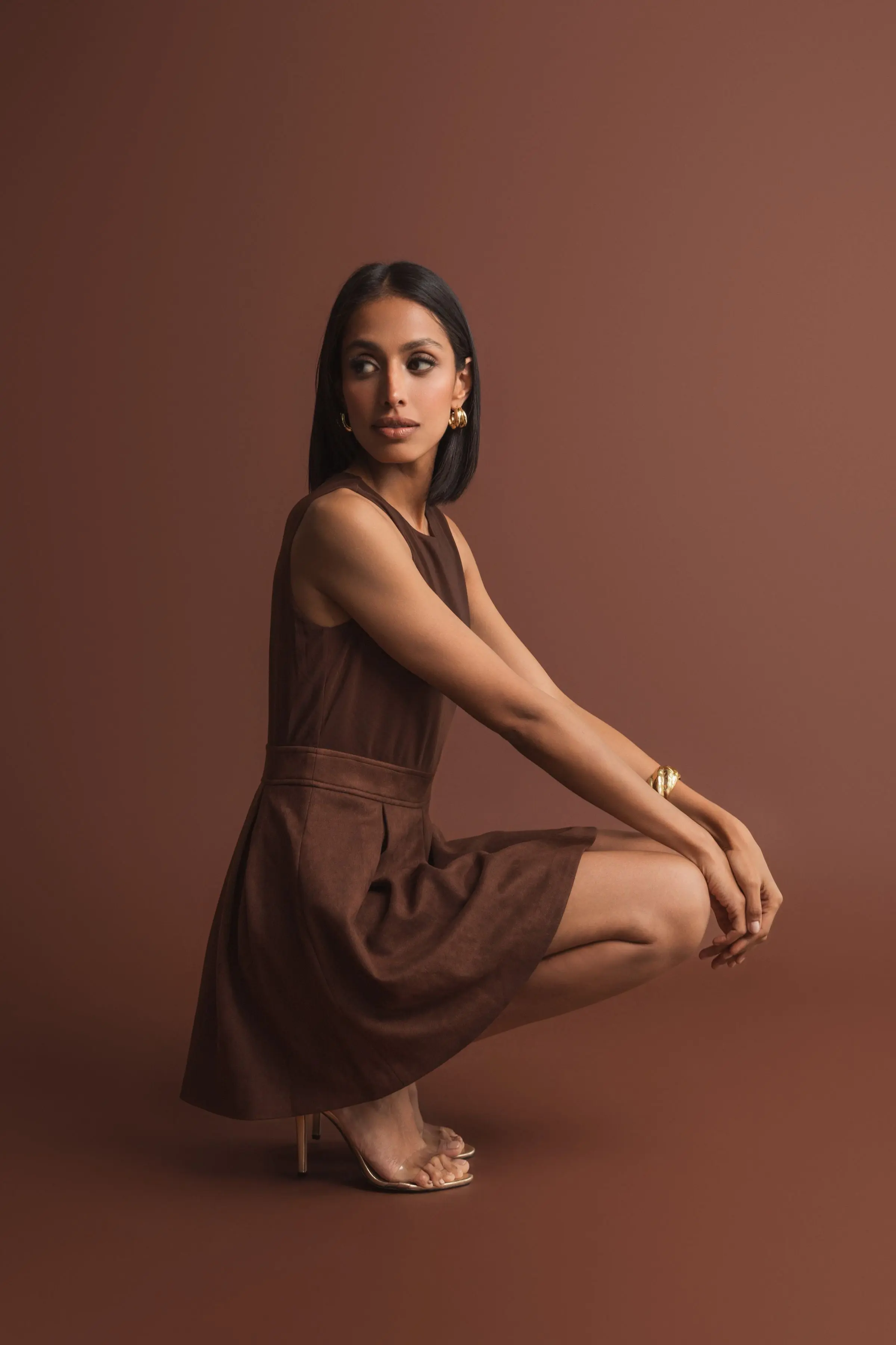 Brown Sleeveless Mesh And Suede A Line Mini Dress - Image 5