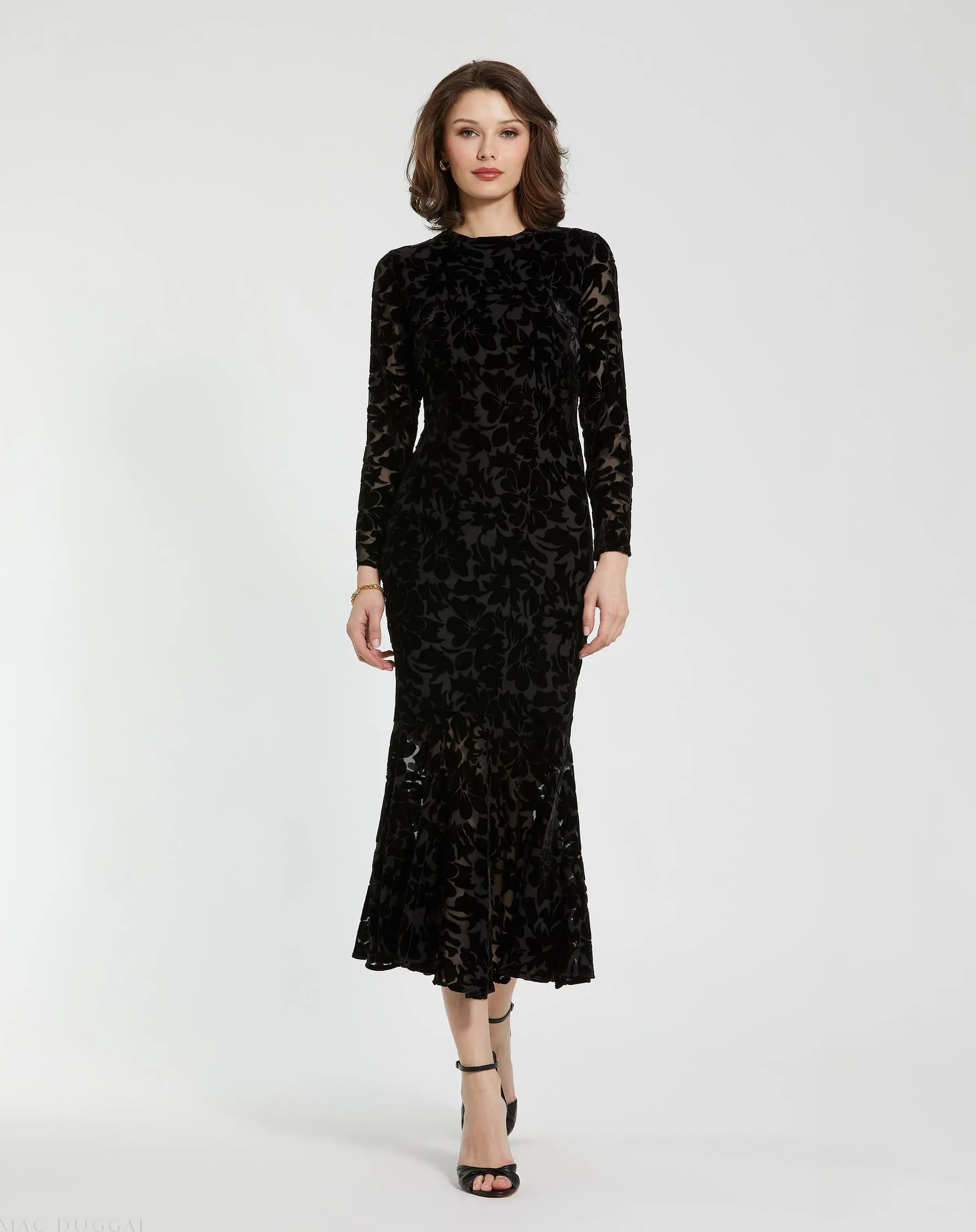 Black Burnout Velvet Long Sleeve Midi Dress