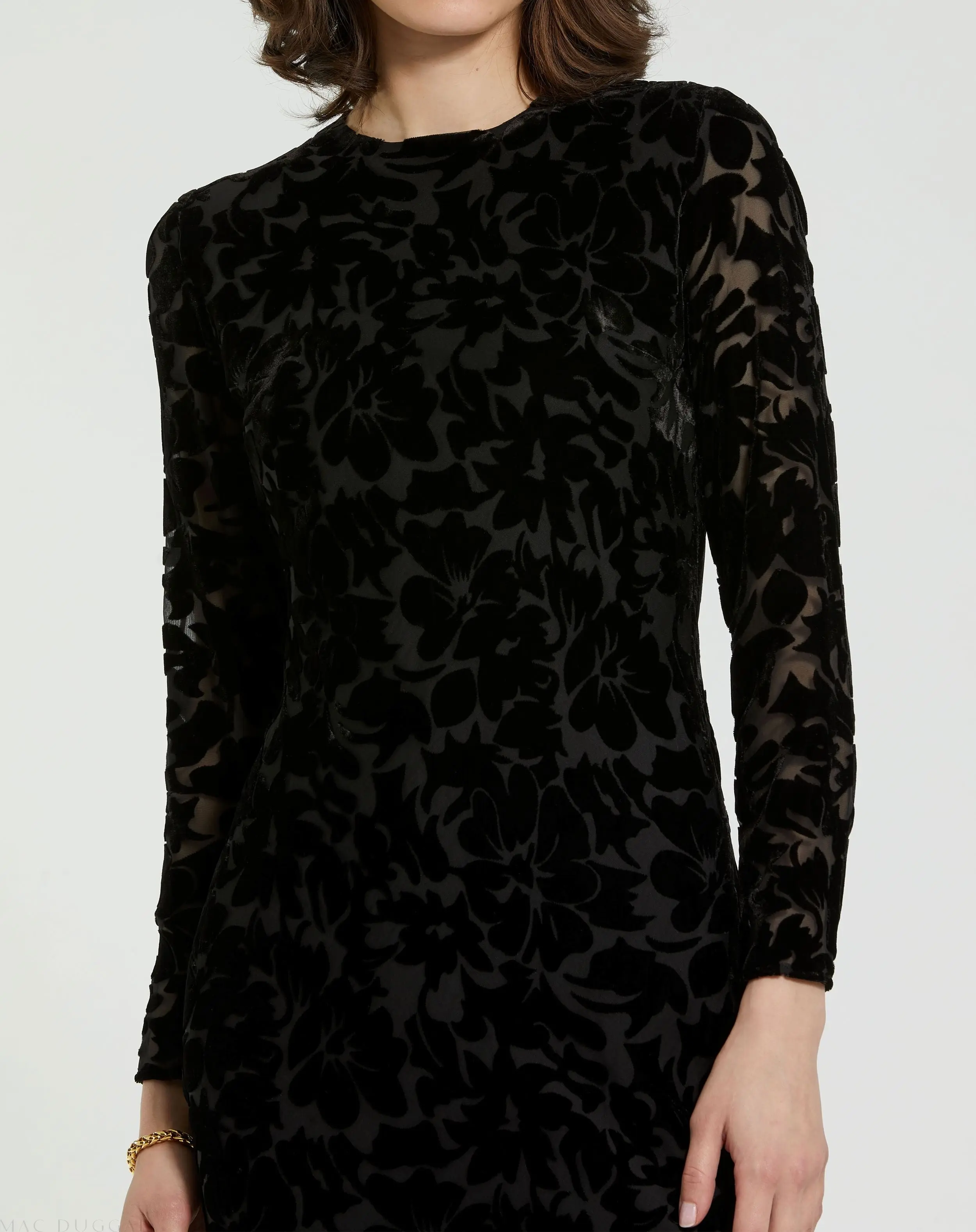 Black Burnout Velvet Long Sleeve Midi Dress - Image 3