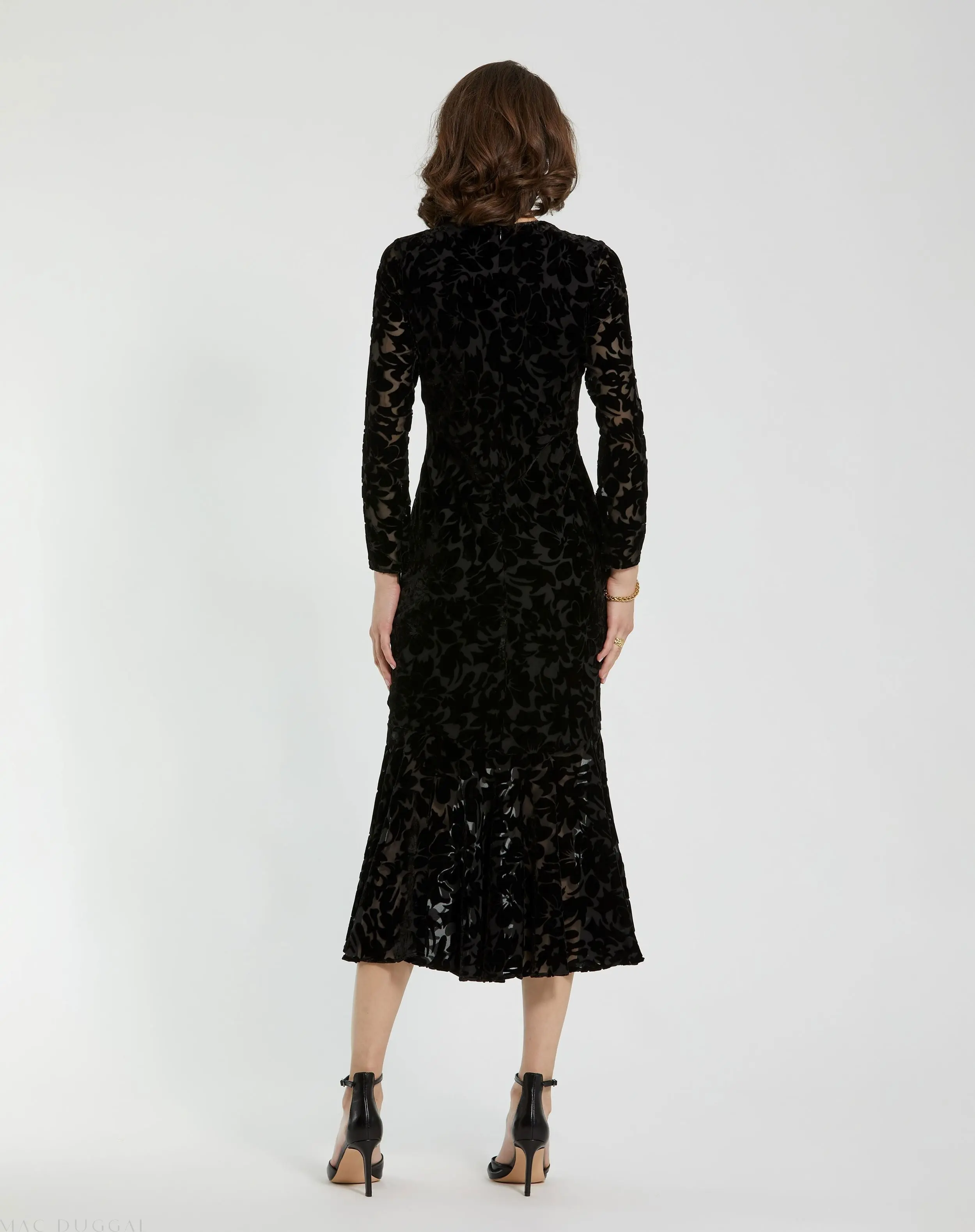 Black Burnout Velvet Long Sleeve Midi Dress - Image 4
