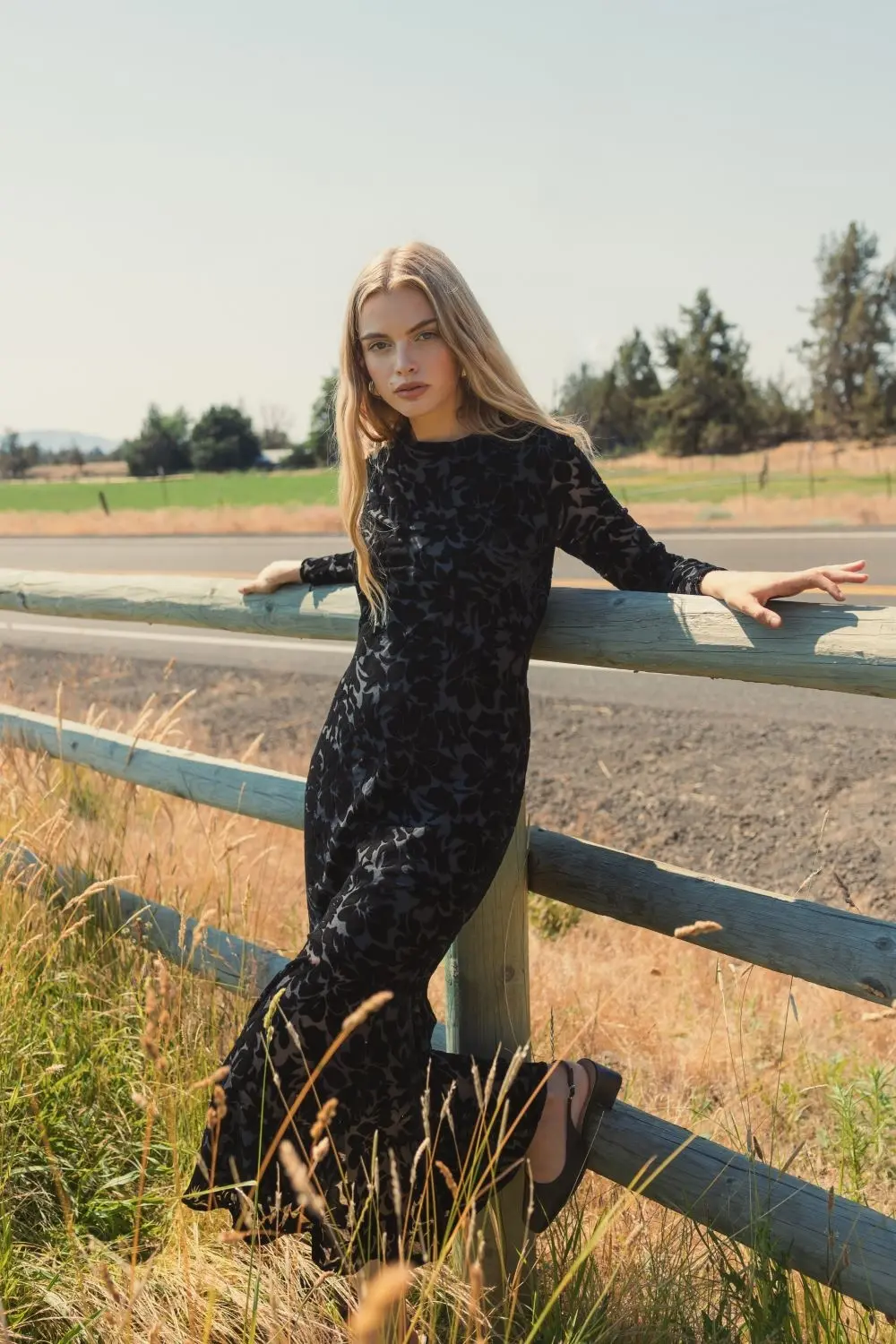 Black Burnout Velvet Long Sleeve Midi Dress - Image 5