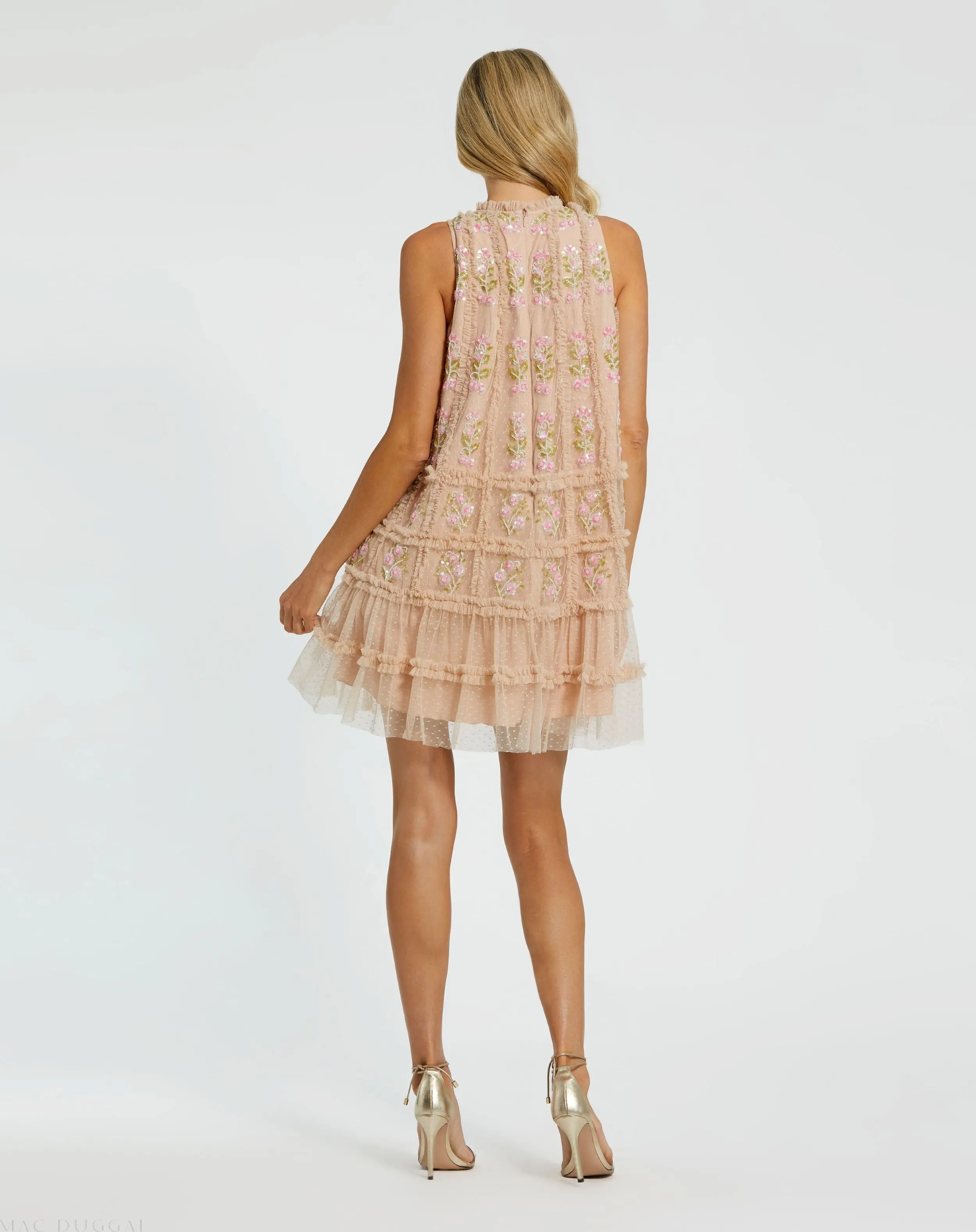 Beige Sleeveless High Neck Beaded Ruffle Mini Dress - Image 3