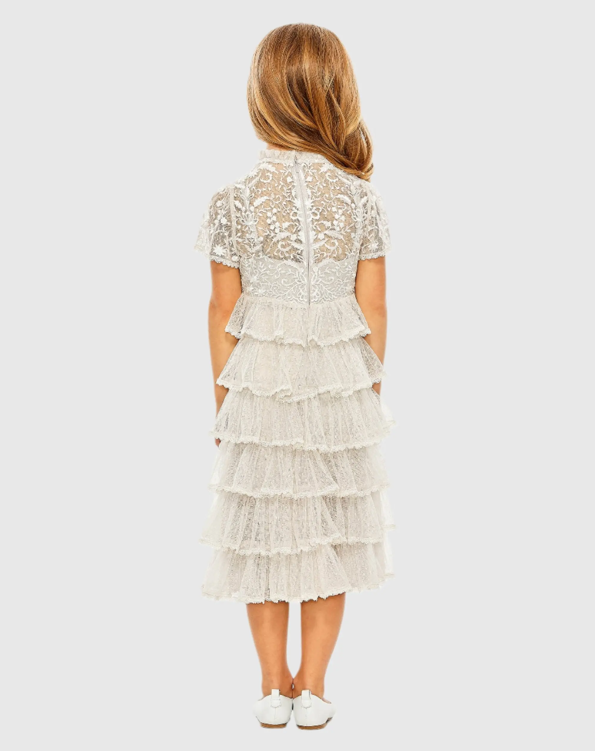 White Girls High Neck Embroidered Short Sleeve Dress - Image 3