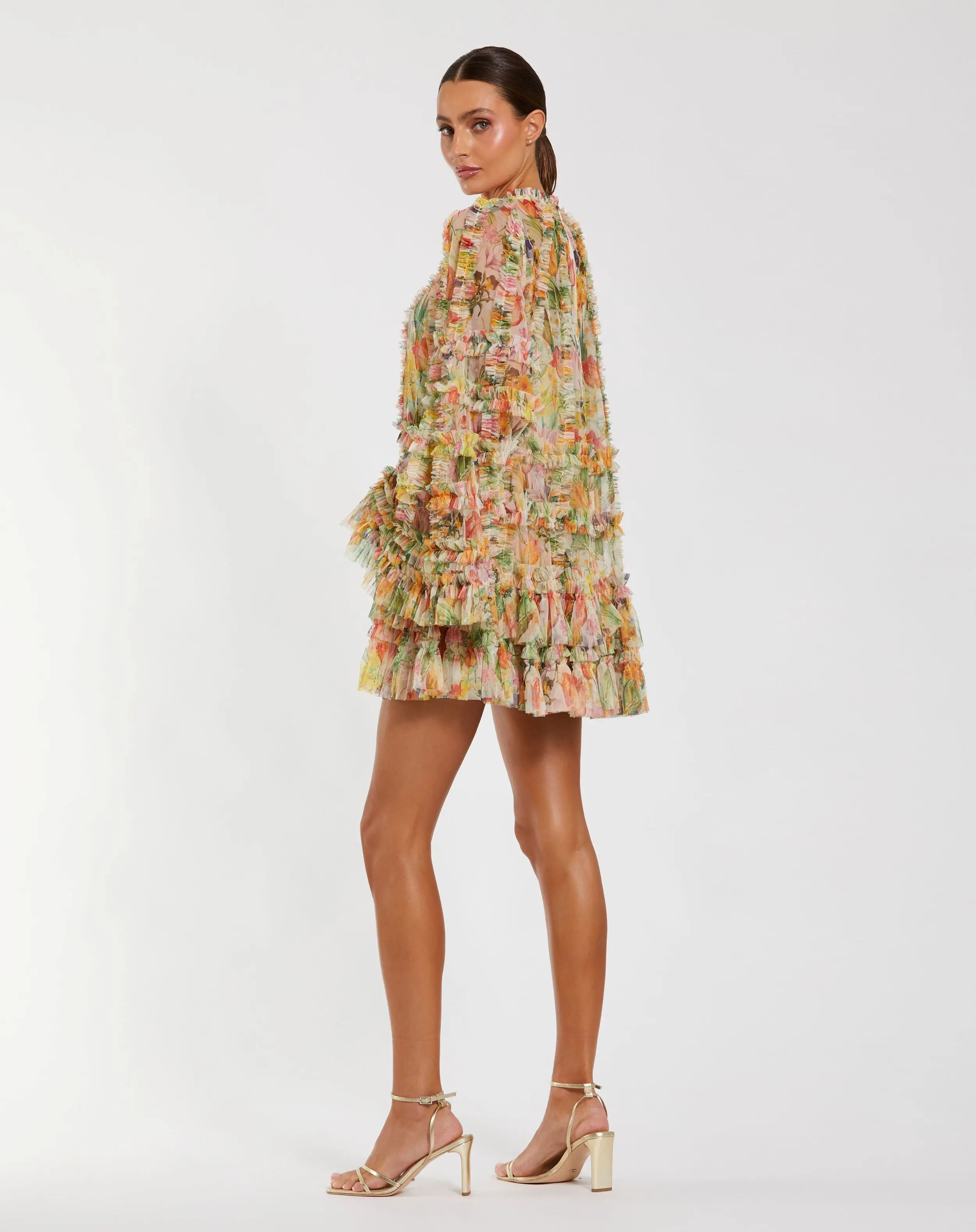 Multicolor Printed Mesh Ruffle High Neck Mini Dress - Image 3