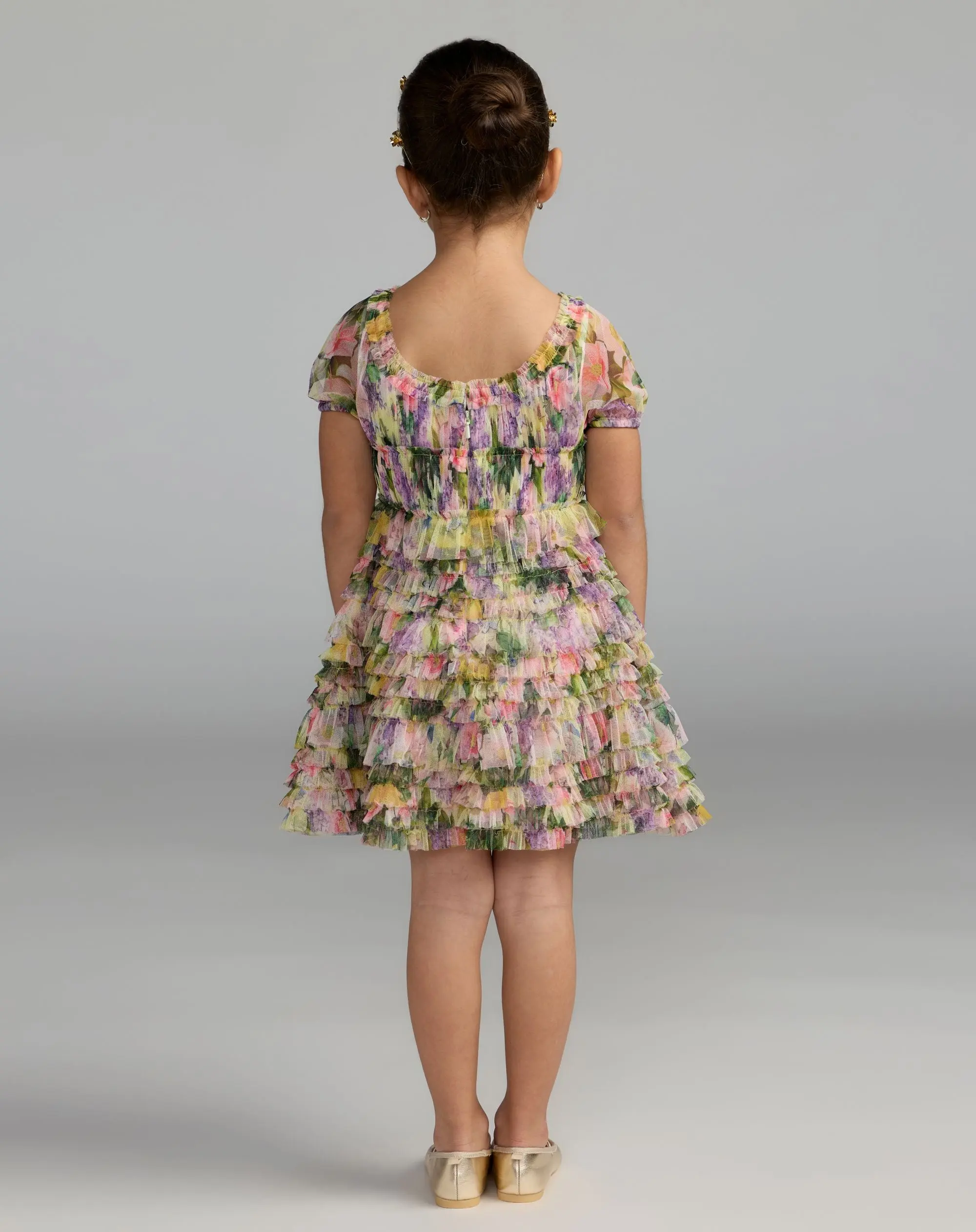 Girls Multicolor Floral Scoop Neck Ruffle Dress - Image 3