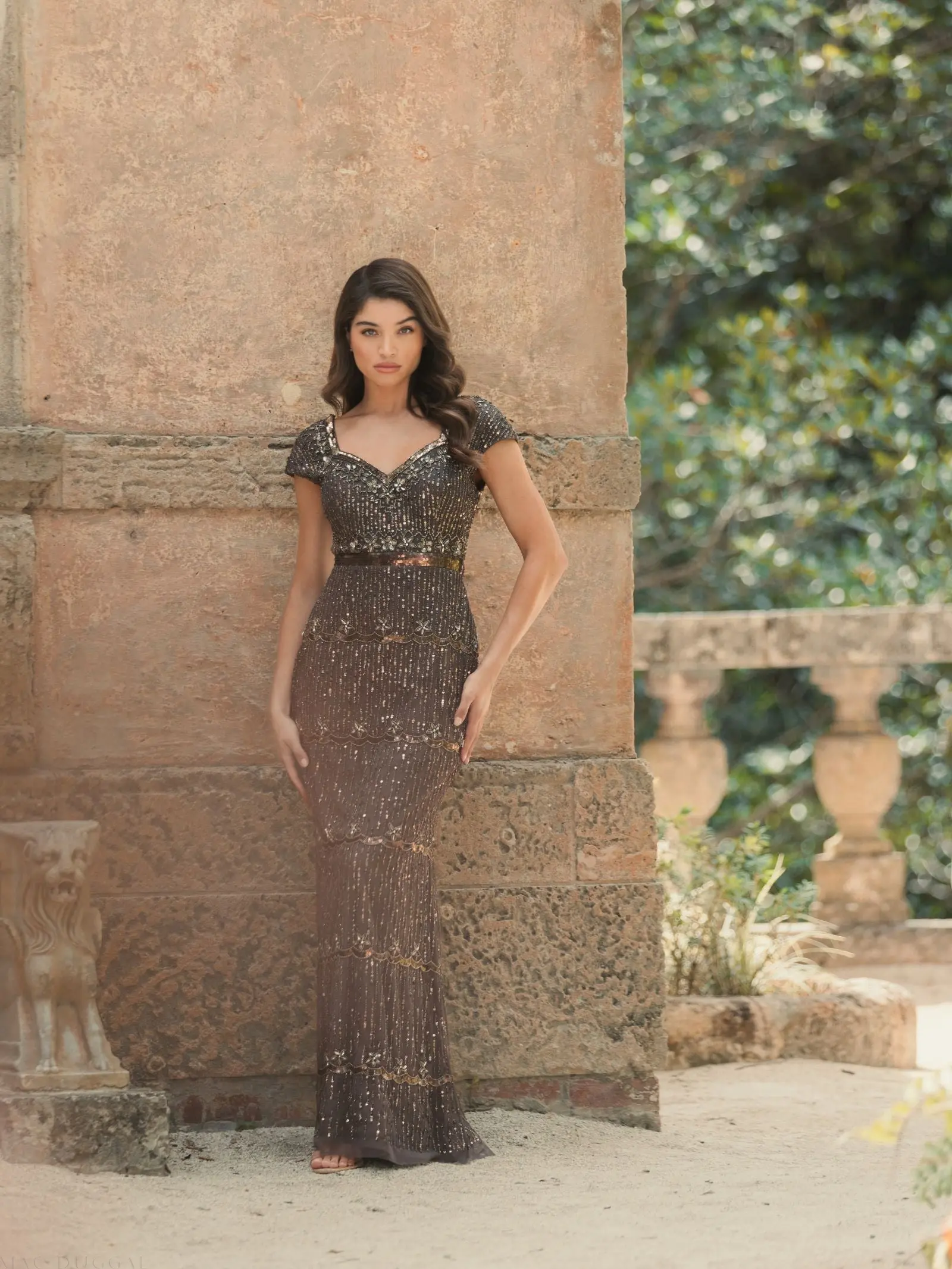 Brown Sequin Cap Sleeve Sweetheart Column Gown - Image 5